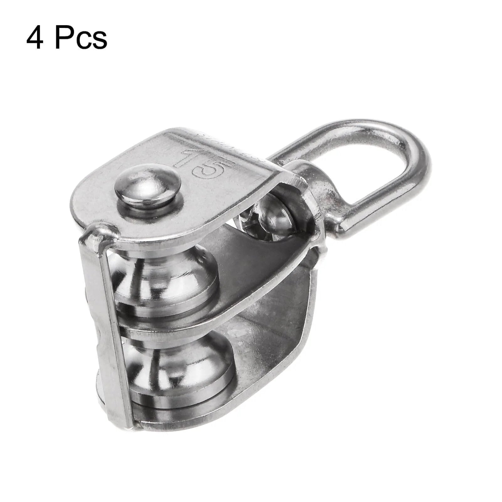 4pcs M15 Double Pulley Block, Stainless Steel Swivel Rigging Lifting Wheel Fixed Pulley, close-up view.
