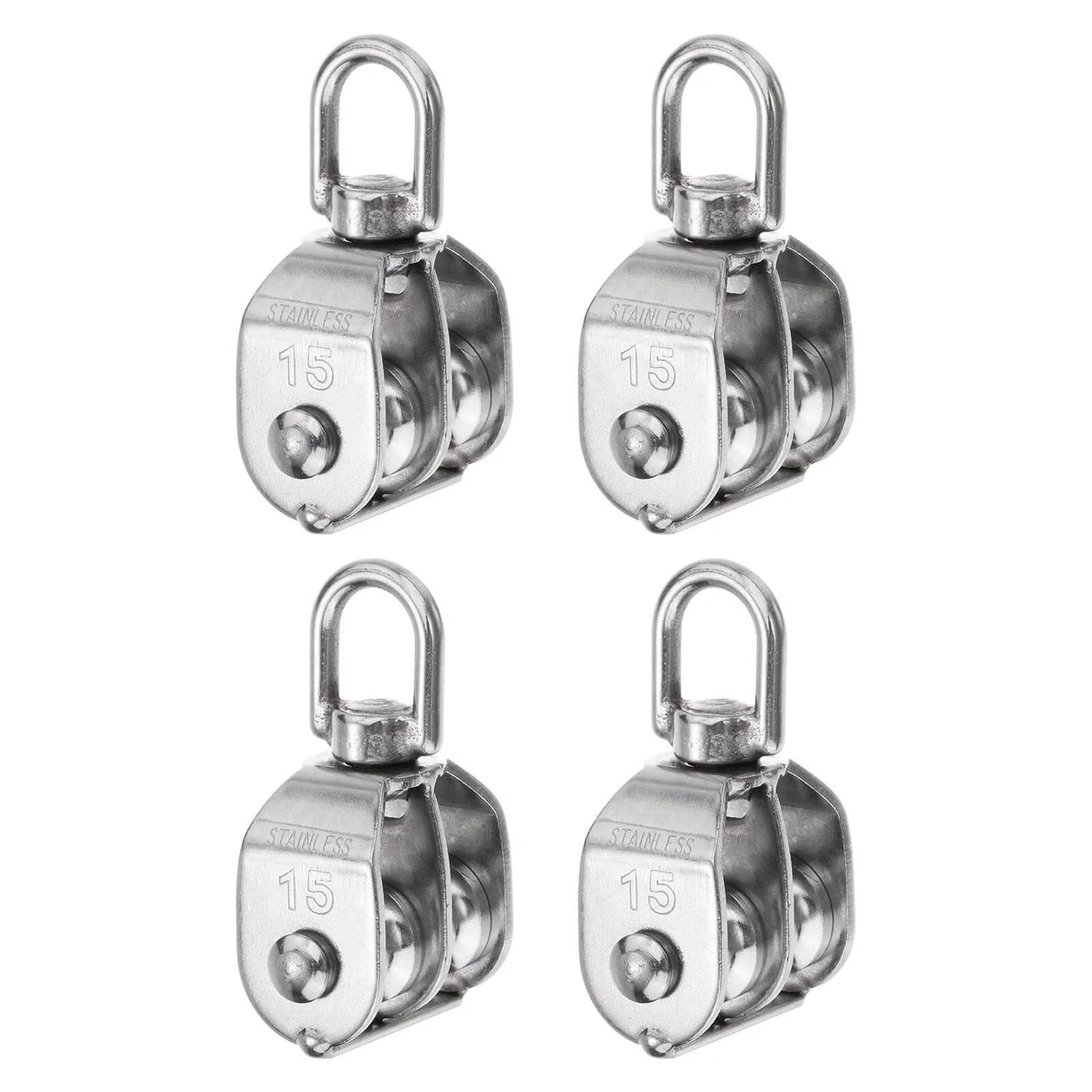 4pcs M15 Double Pulley Block, Stainless Steel Swivel Rigging Lifting Wheel Fixed Pulley, shown in four identical front views.