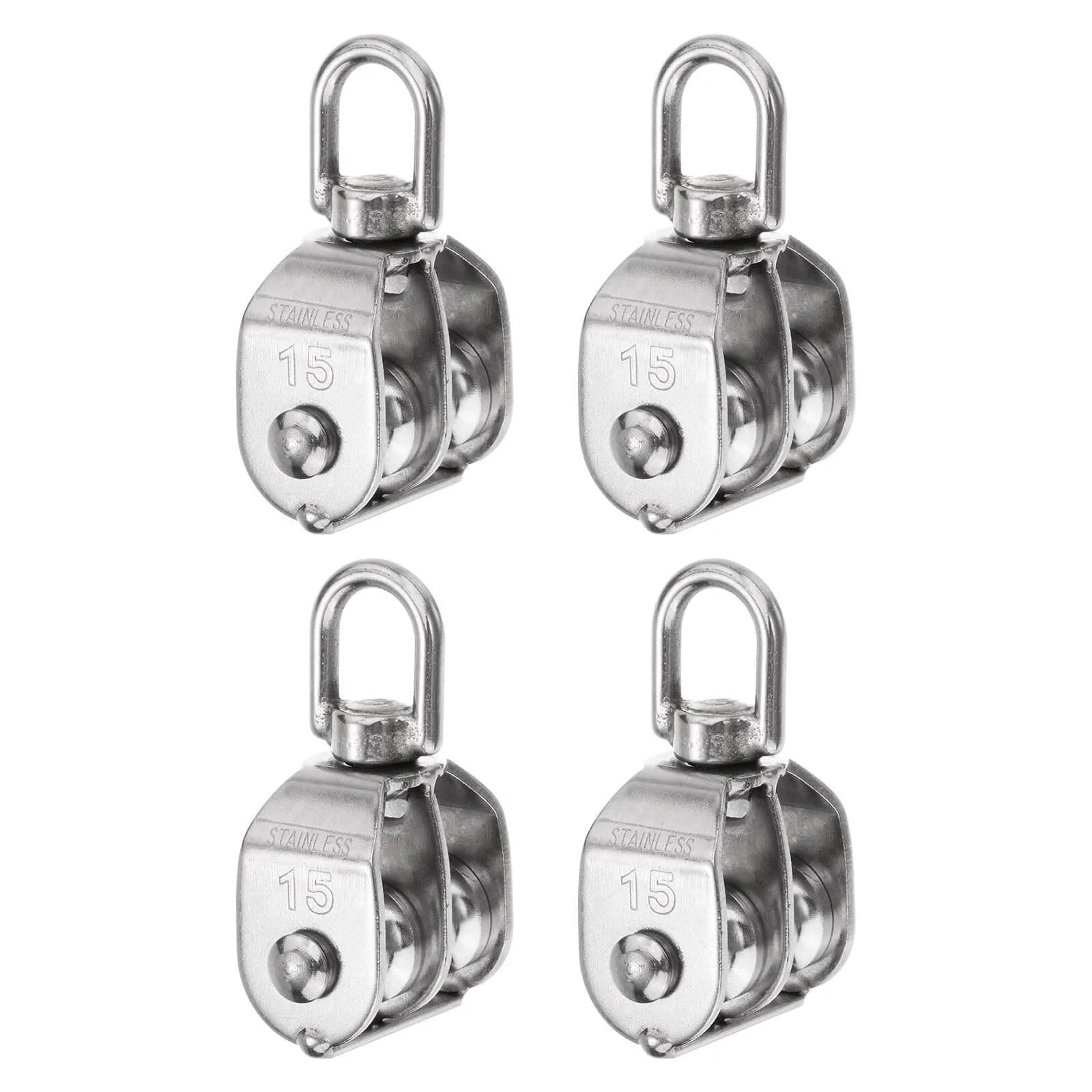 4pcs M15 Double Pulley Block, Stainless Steel Swivel Rigging Lifting Wheel Fixed Pulley, shown in four identical front views.