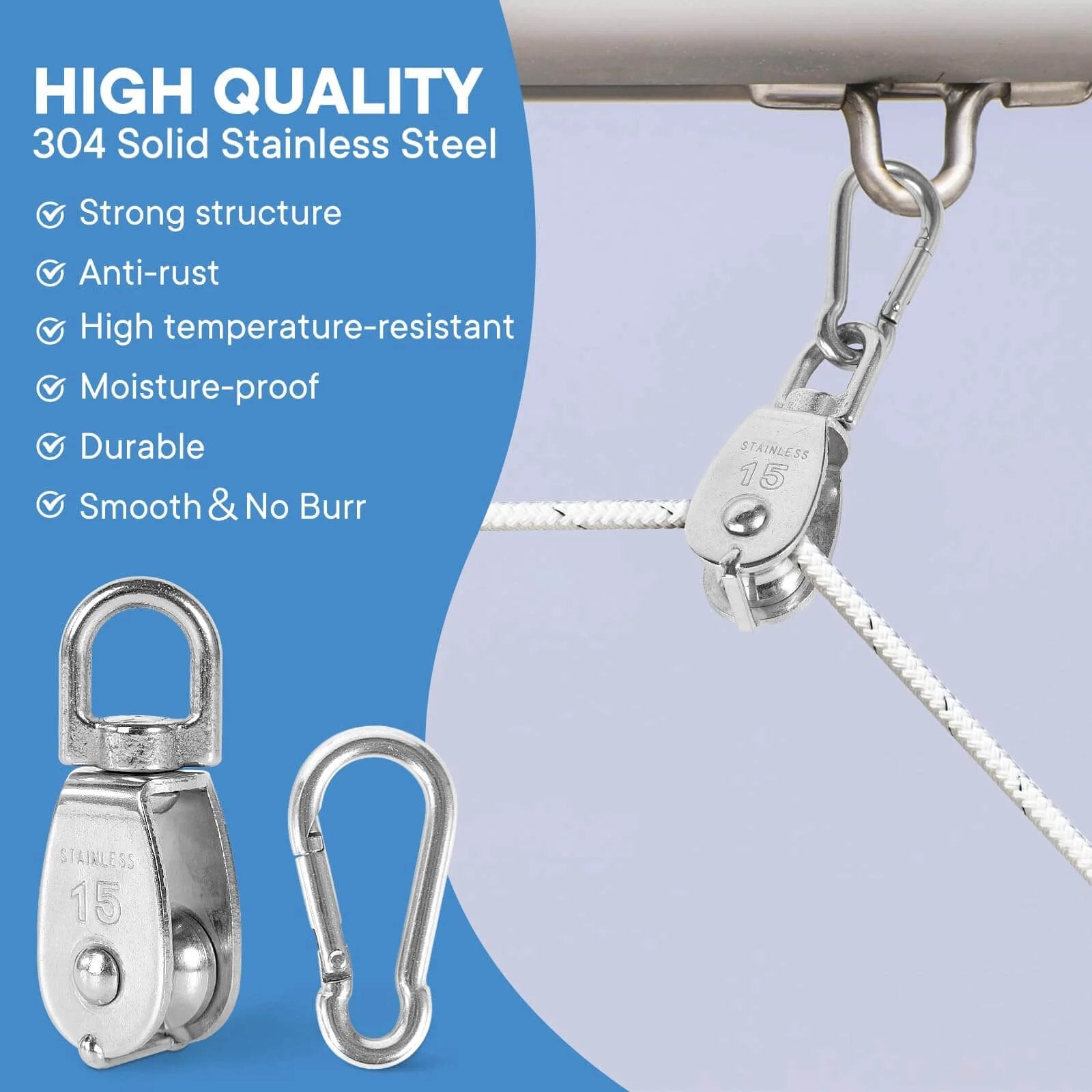 304 Solid Stainless Steel M15 Single Pulley Block with snap hook in lifting setup, showcasing anti-rust and high temperature-resistant features.