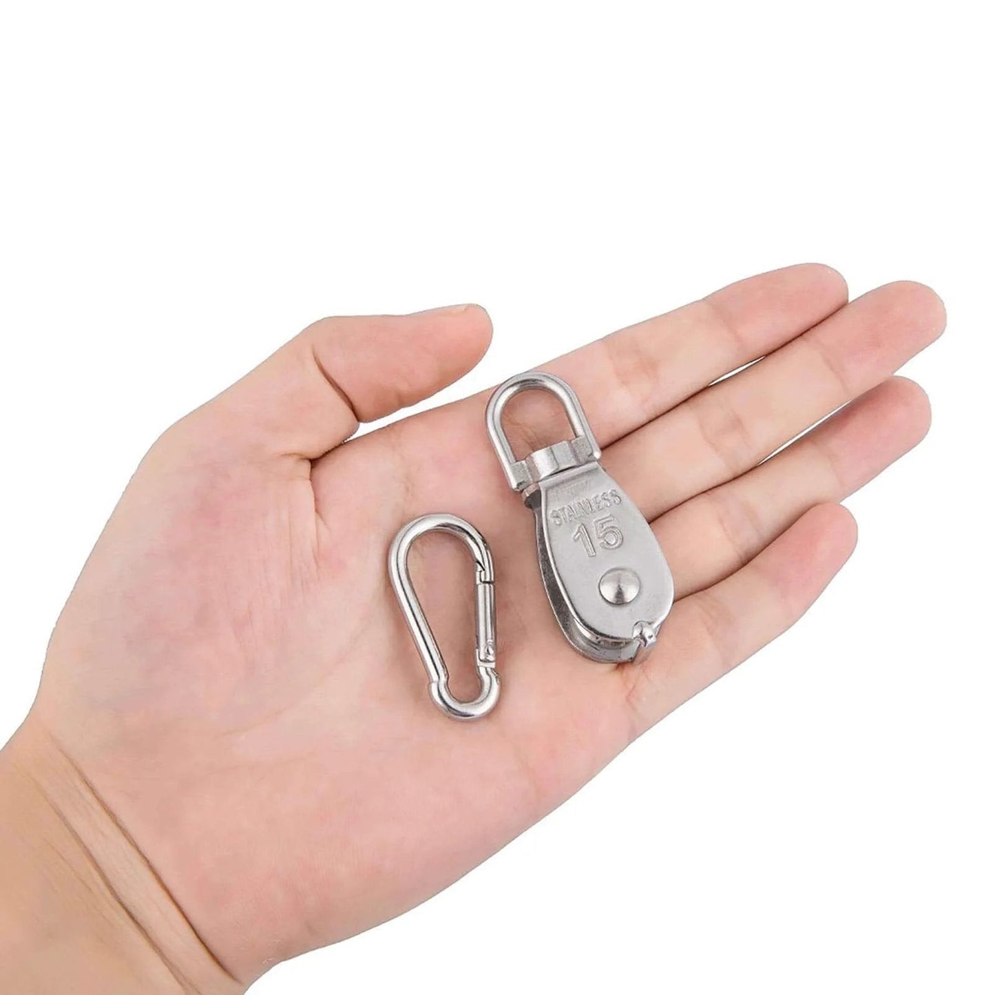 Hand holding 6Pcs 304 Stainless Steel M15 Single Pulley Block, Wire Rope Hanging Wire Towing Wheel, with 6Pcs Spring Snap Hook heavy duty
