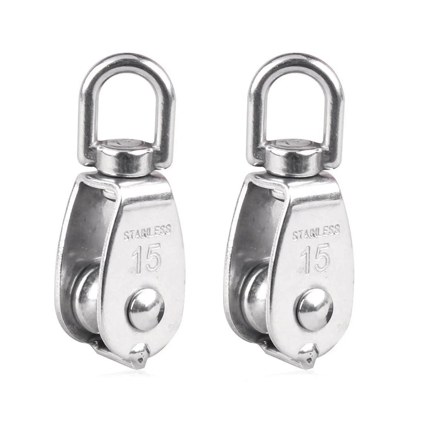 Front view of 10Pcs 304 Stainless Steel M15 Pulley Steel Wire Pulley Swivel Hook Single Wheel Swivel Lifting Rope Pulley Block for Wire Rope.