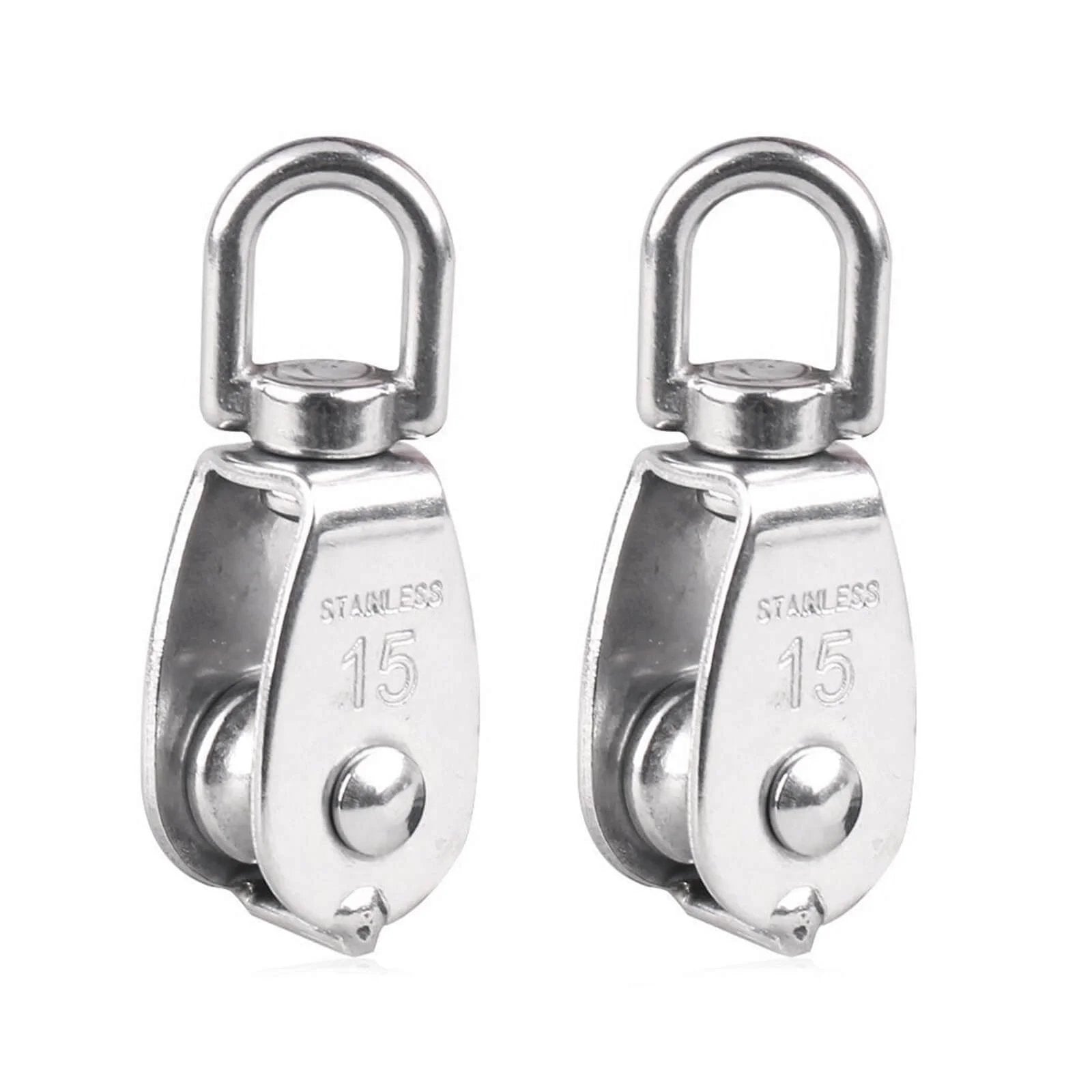 Front view of 10Pcs 304 Stainless Steel M15 Pulley Steel Wire Pulley Swivel Hook Single Wheel Swivel Lifting Rope Pulley Block for Wire Rope.
