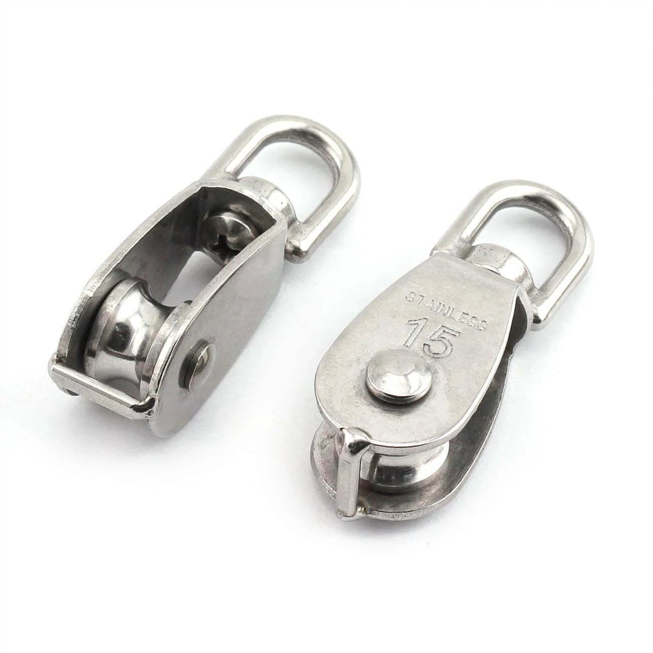 2-Pack M15 Single Pulley Block Stainless Steel Heavy Duty Hardware showing front and side view of fixed pulleys