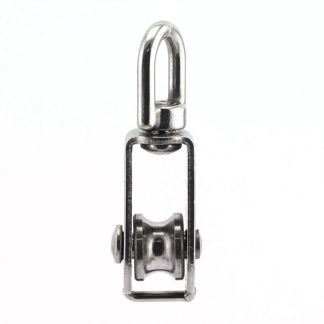 Front view of 2-Pack M15 Single Pulley Block Stainless Steel Heavy Duty Hardware Single Wheel Swivel Rigging Lifting Wheel