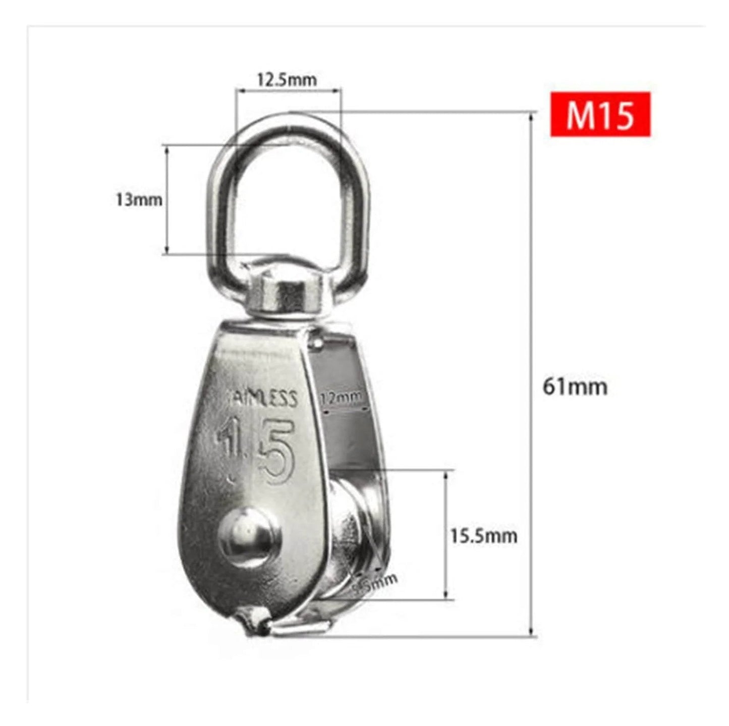 Front view of Stainless Steel Pulley M15 Single Wheel Swivel Lifting Rope Pulley Set Lifting Wheel Tools with dimensions.