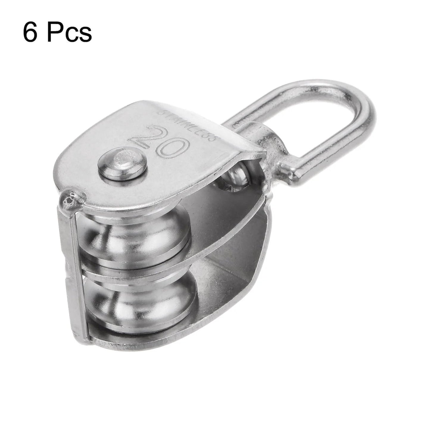 6pcs M20 Double Pulley Block, Stainless Steel Swivel Rigging Lifting Wheel Fixed Pulley in close-up view