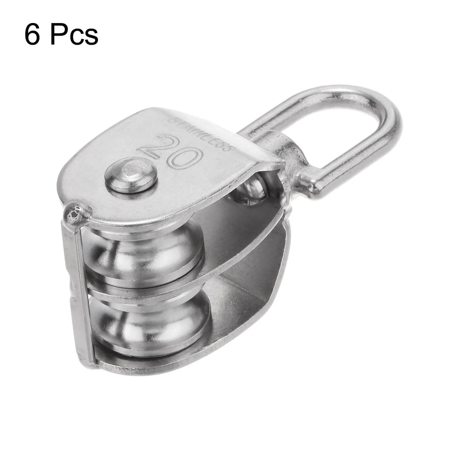 6pcs M20 Double Pulley Block, Stainless Steel Swivel Rigging Lifting Wheel Fixed Pulley in close-up view