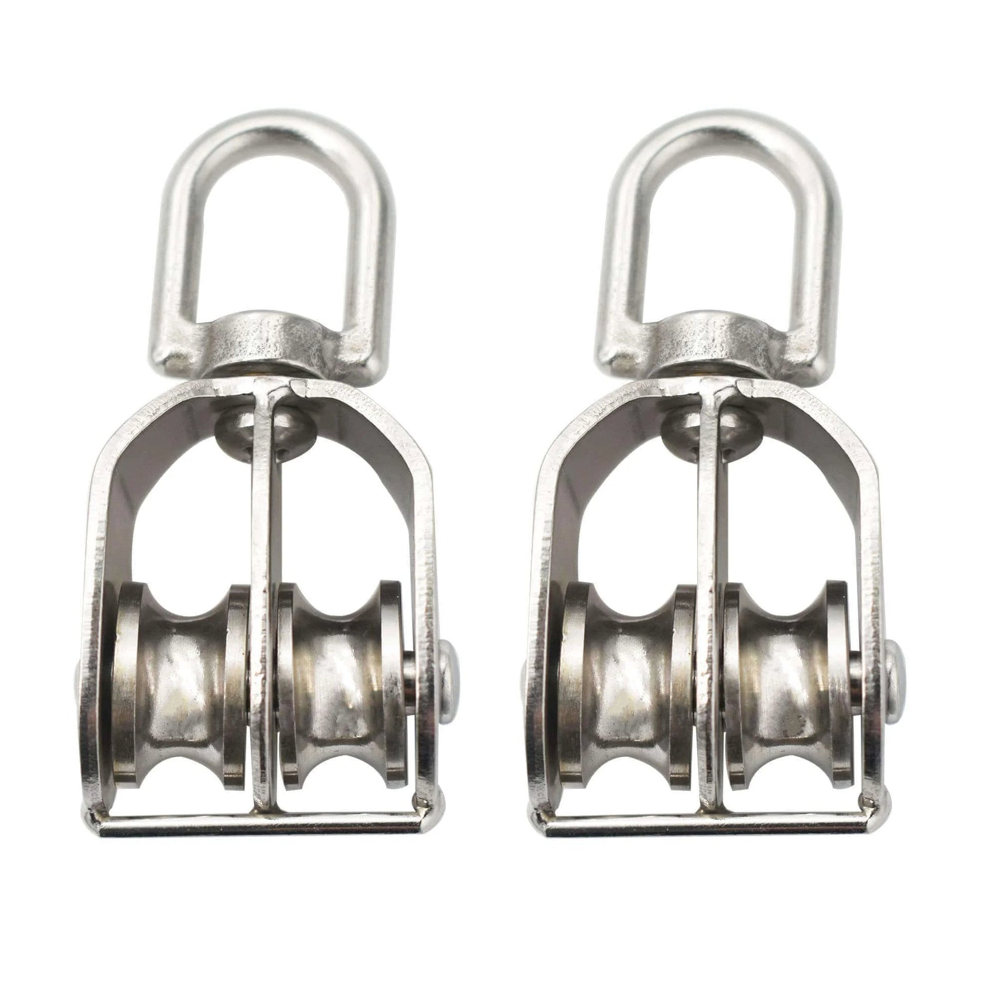 2 Packs Stainless M20 Double Pulley Block Lifting Teaction Wheel Wire Rope Crane, visible front view, stainless steel construction