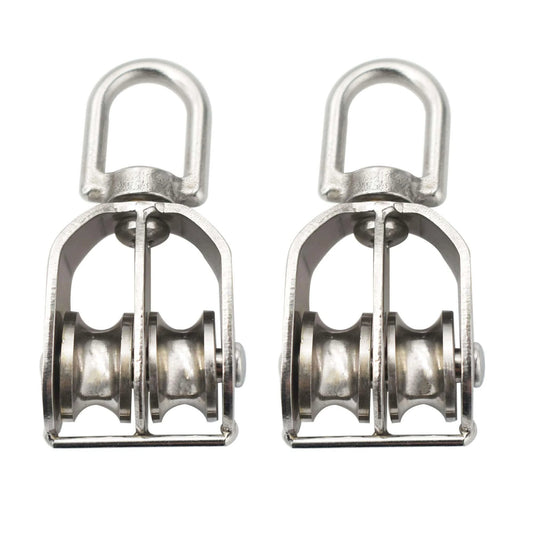 2 Packs Stainless M20 Double Pulley Block Lifting Teaction Wheel Wire Rope Crane, visible front view, stainless steel construction