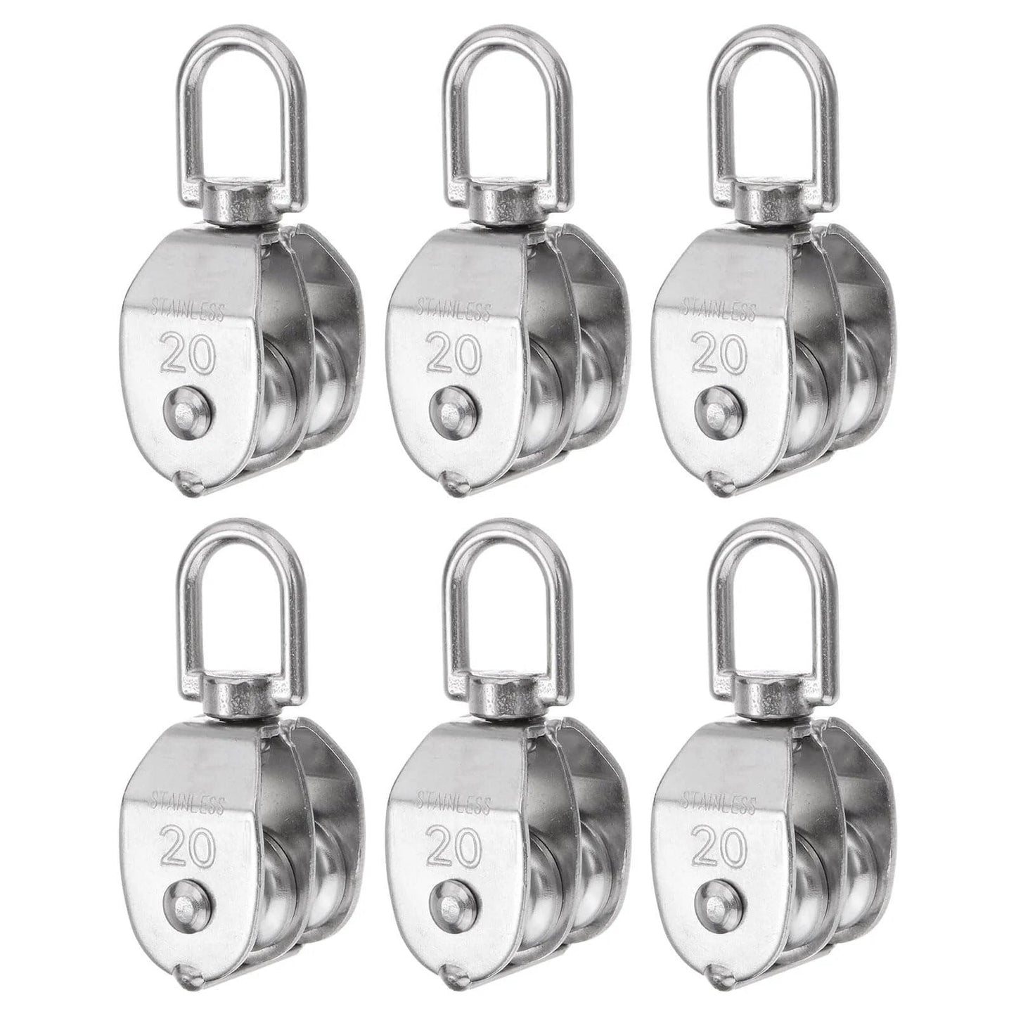 6pcs M20 Double Pulley Block, Stainless Steel Swivel Rigging Lifting Wheel Fixed Pulley set front view