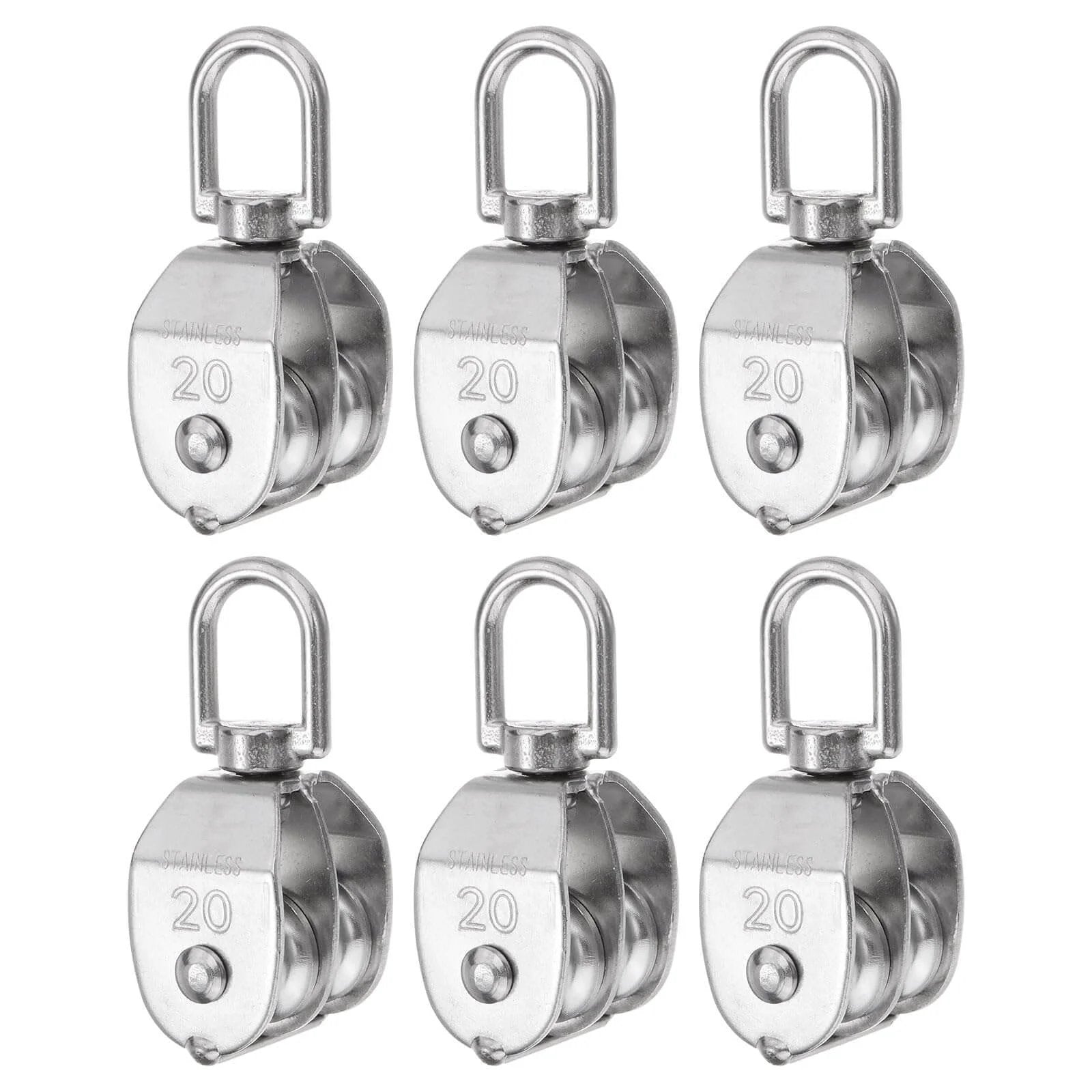 6pcs M20 Double Pulley Block, Stainless Steel Swivel Rigging Lifting Wheel Fixed Pulley set front view