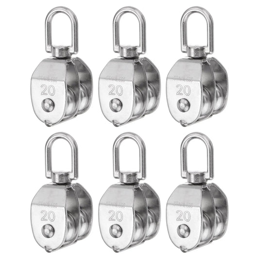 6pcs M20 Double Pulley Block, Stainless Steel Swivel Rigging Lifting Wheel Fixed Pulley set front view