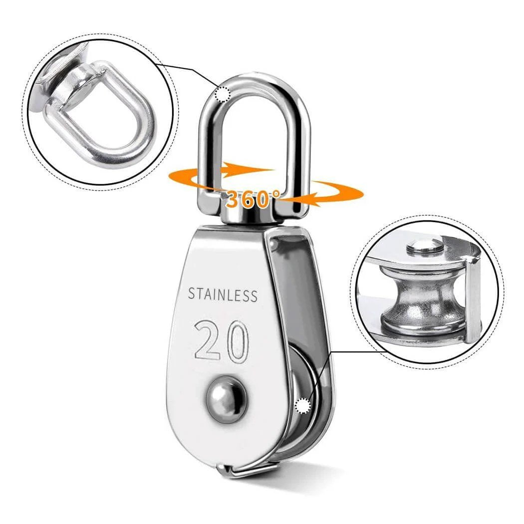 Pulley System Set, M20 Crane Pulleys for Lifting with Rope, 304 Stainless Steel Block and Tackle Pulley System showing close-up.