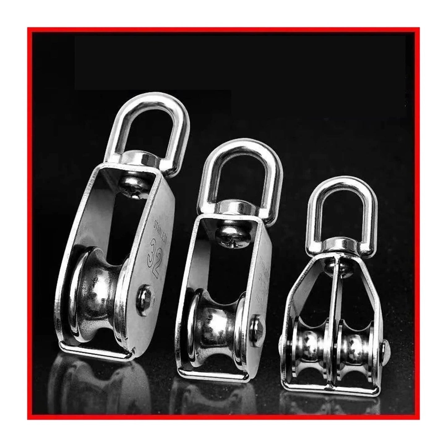 Three different sized Stainless Steel Pulley M20Single Wheel Swivel Lifting Rope Pulley Set Lifting Wheel Tools(M20) on black background.
