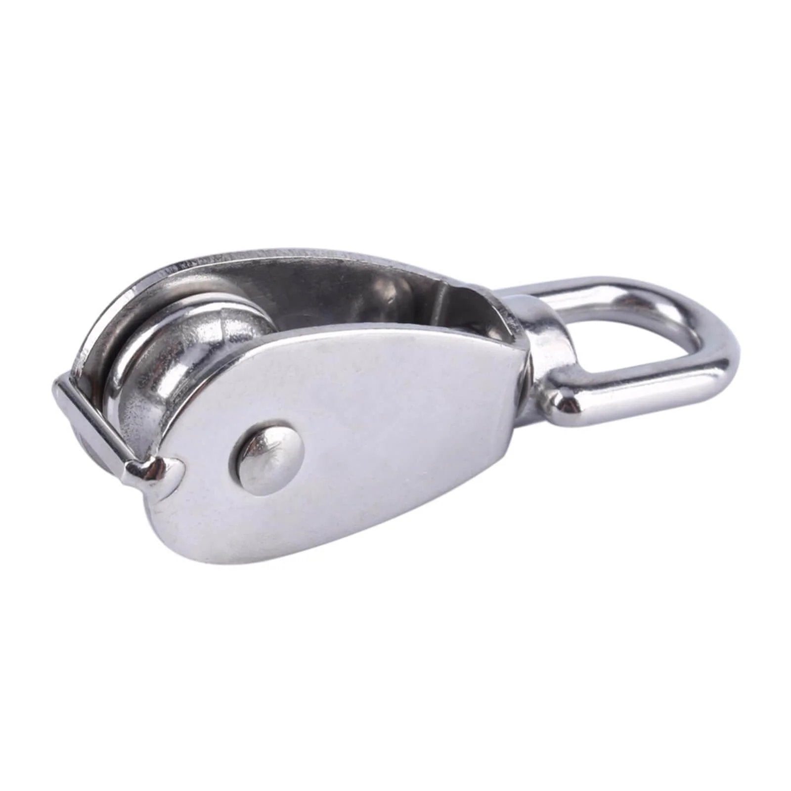 Stainless steel M20 single wheel pulley for wire rope hoisting, built with a 304 stainless steel body, 360 degree swivel wheel, 20mm pulley size