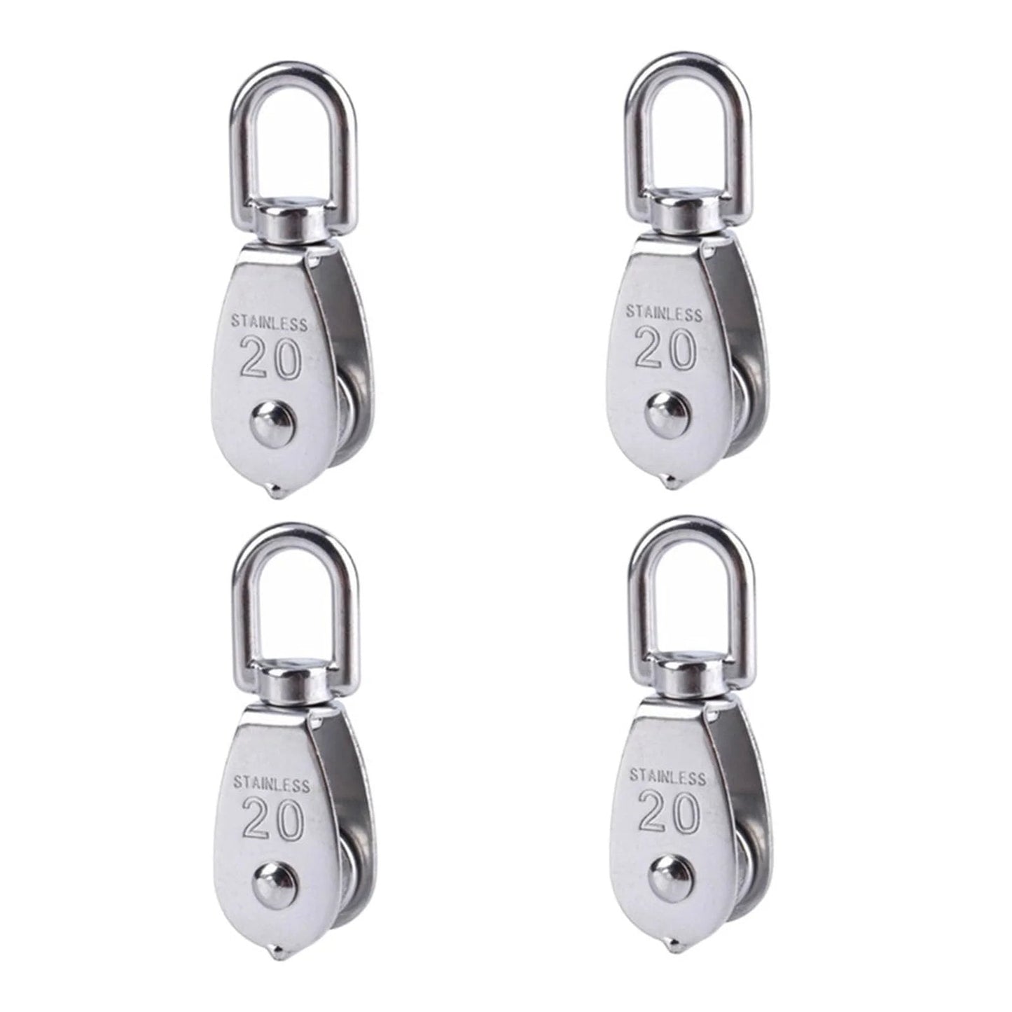 Four stainless steel M20 single wheel pulleys for wire rope hoisting, with 304 stainless steel bodies and 360-degree swivel wheels.