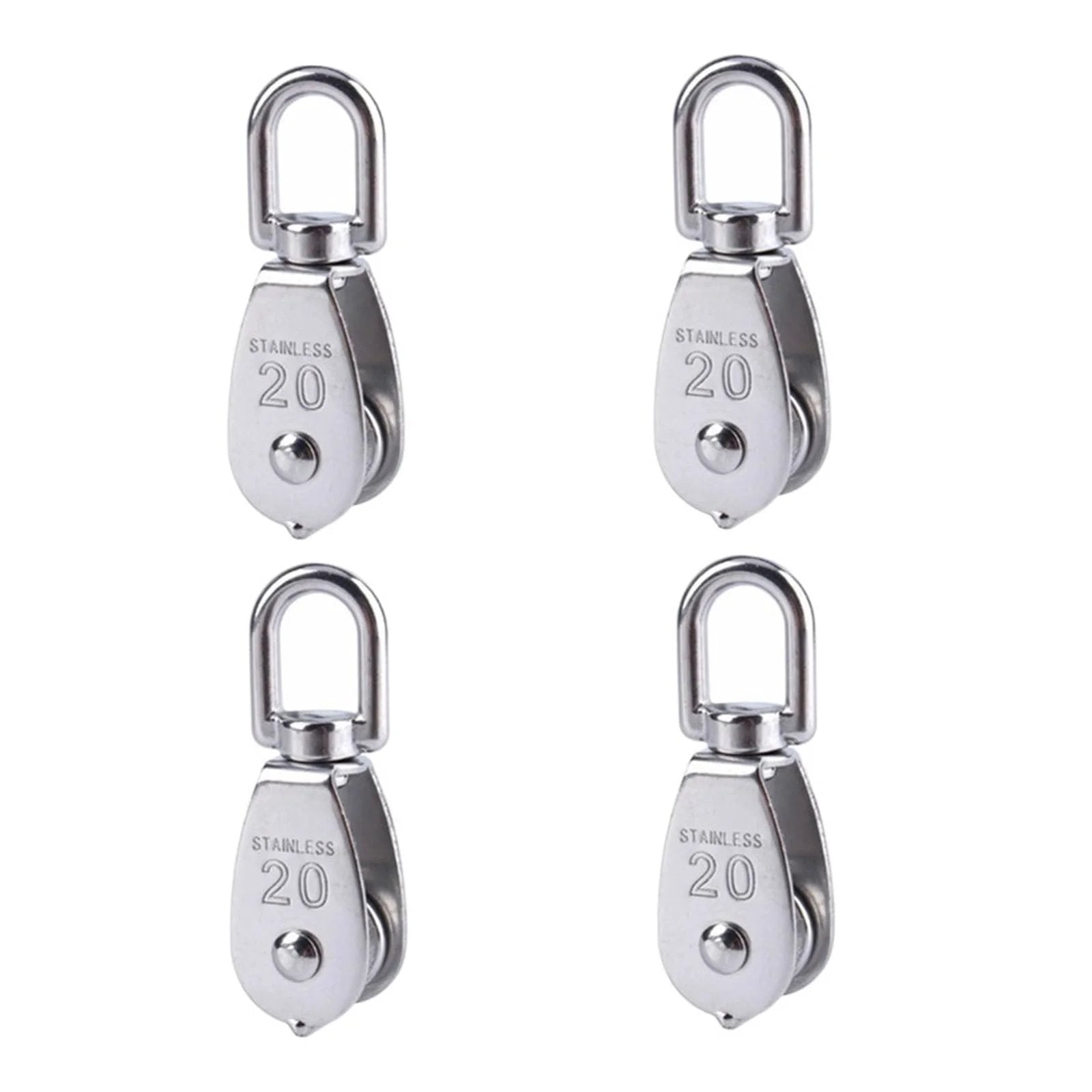 Four stainless steel M20 single wheel pulleys for wire rope hoisting, with 304 stainless steel bodies and 360-degree swivel wheels.