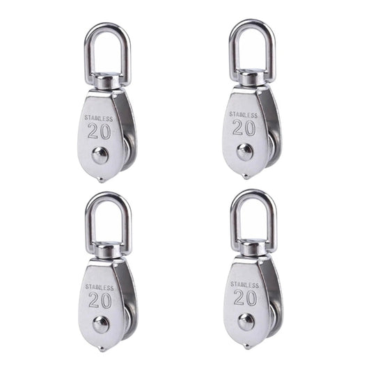 Four stainless steel M20 single wheel pulleys for wire rope hoisting, with 304 stainless steel bodies and 360-degree swivel wheels.