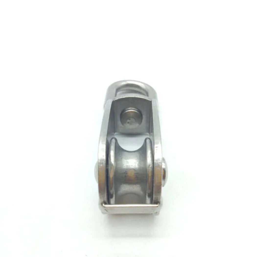 Front view of 4Pcs M25 Stainless Steel Wire Rope Crane Double Pulley Block with a 25mm wheel and 360-degree swivel hook.