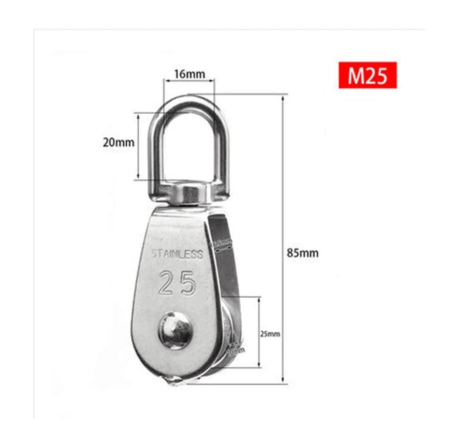 Stainless Steel Pulley M25 Single Wheel Swivel Lifting Rope Pulley Set Lifting Wheel Tools(M25) with dimensions 85mm x 20mm