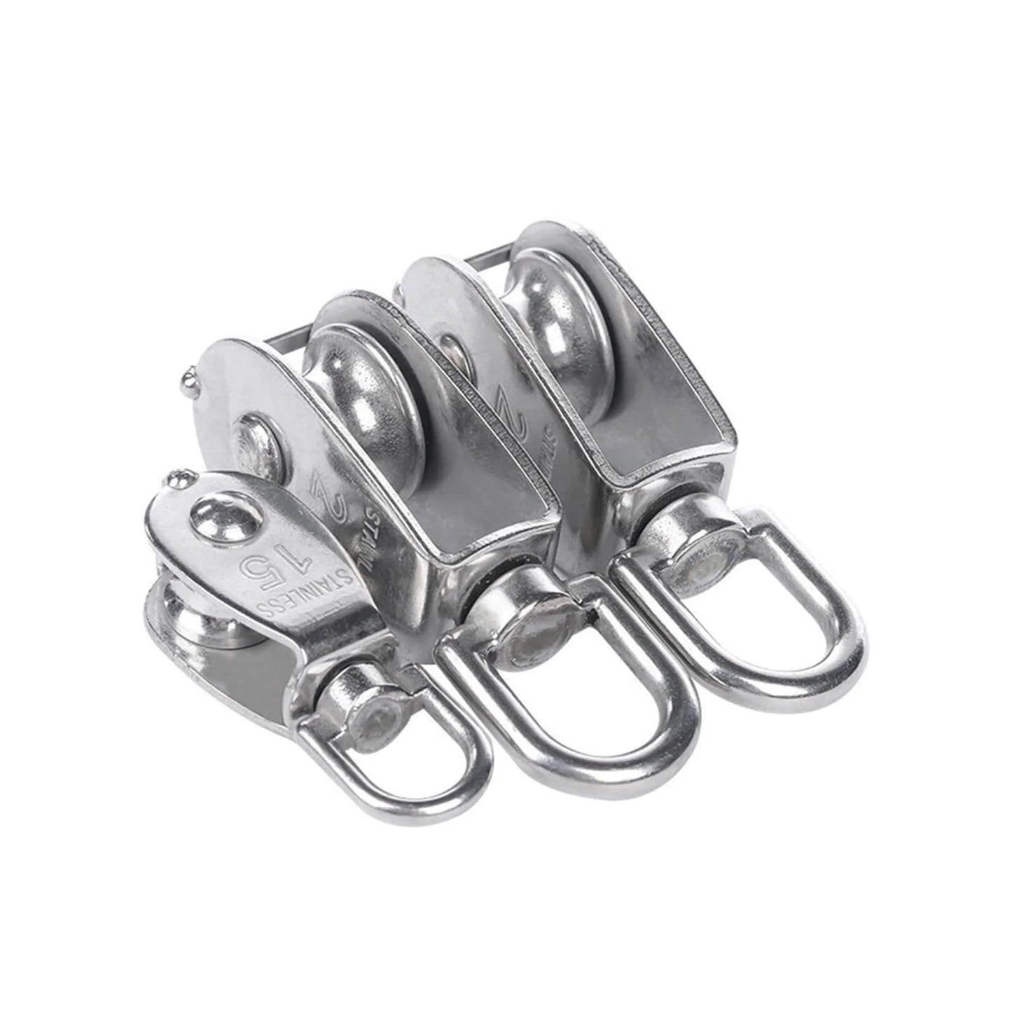 Stainless Steel Pulley M25 Single Wheel Swivel Lifting Rope Pulley Set, three silver pulleys with swivels visible