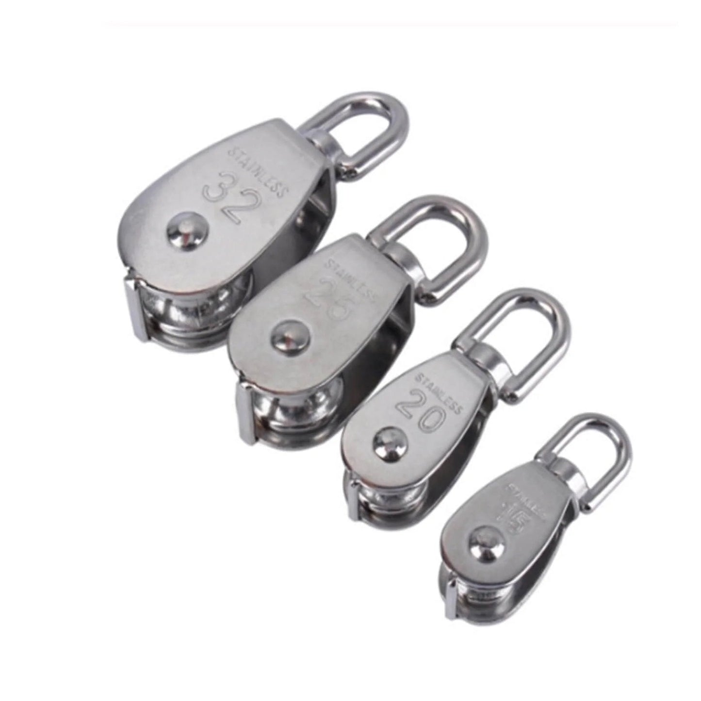 Stainless Steel Pulley M25 Single Wheel Swivel Lifting Rope Pulley Set with sizes 32, 25, and 20 for heavy loads