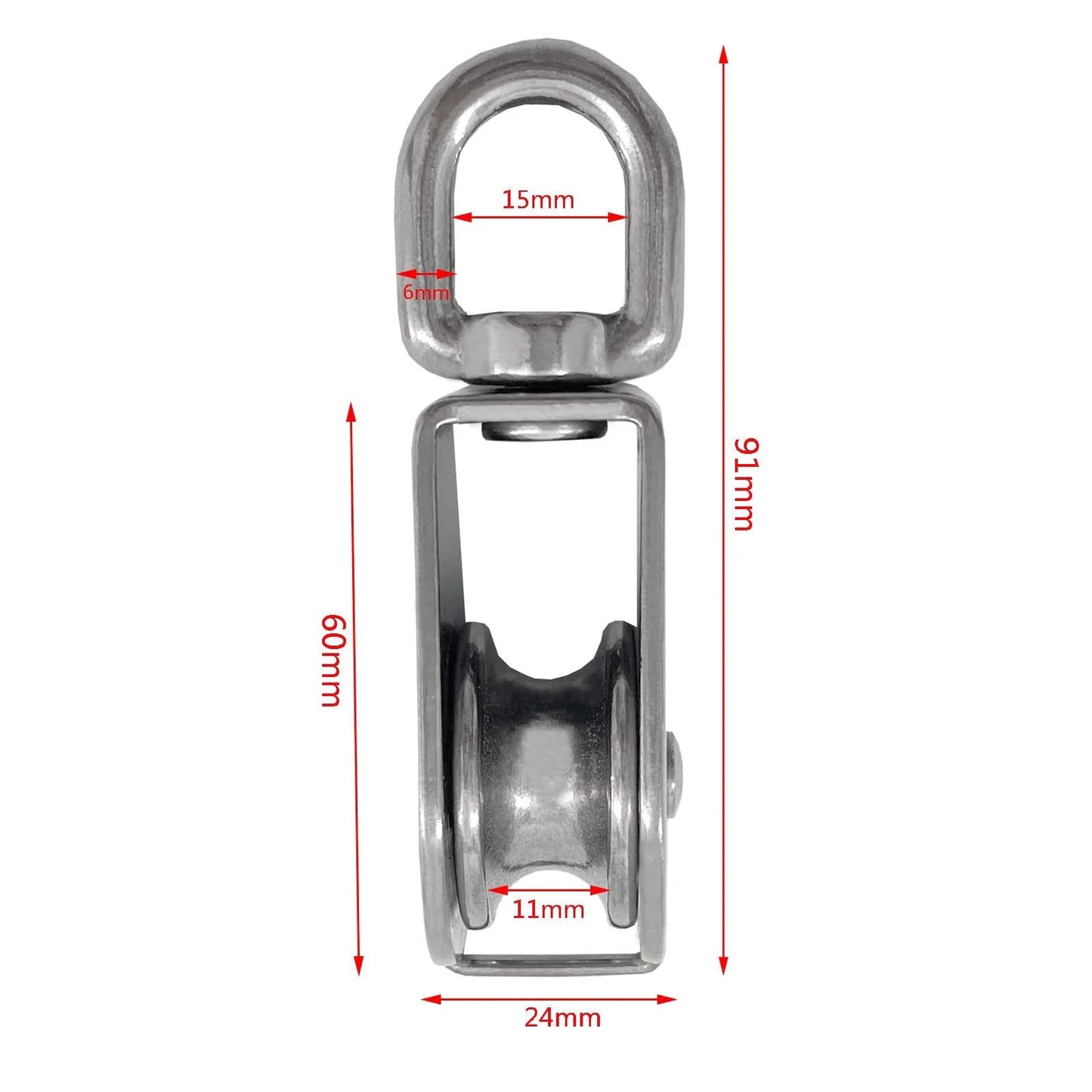 Front view of 2Pcs M32 Single Pulley Block,304 Stainless Steel Wire Rope Hanging Wire Towing Wheel Loading 551Ibs with measurements