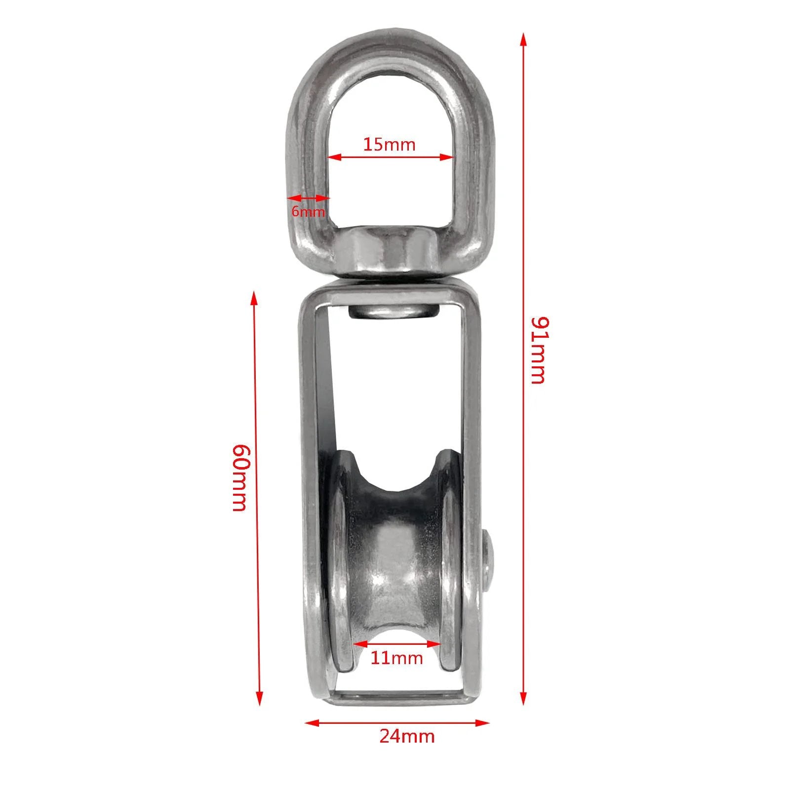 Front view of 2Pcs M32 Single Pulley Block,304 Stainless Steel Wire Rope Hanging Wire Towing Wheel Loading 551Ibs with measurements