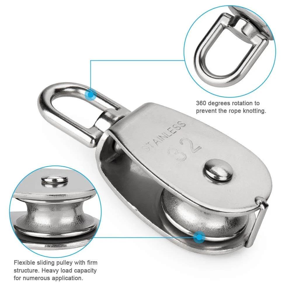 Close-up of 6 Pack M32 Stainless Steel Wire Rope Crane Pulley Block showcasing swivel hook and rotation feature.