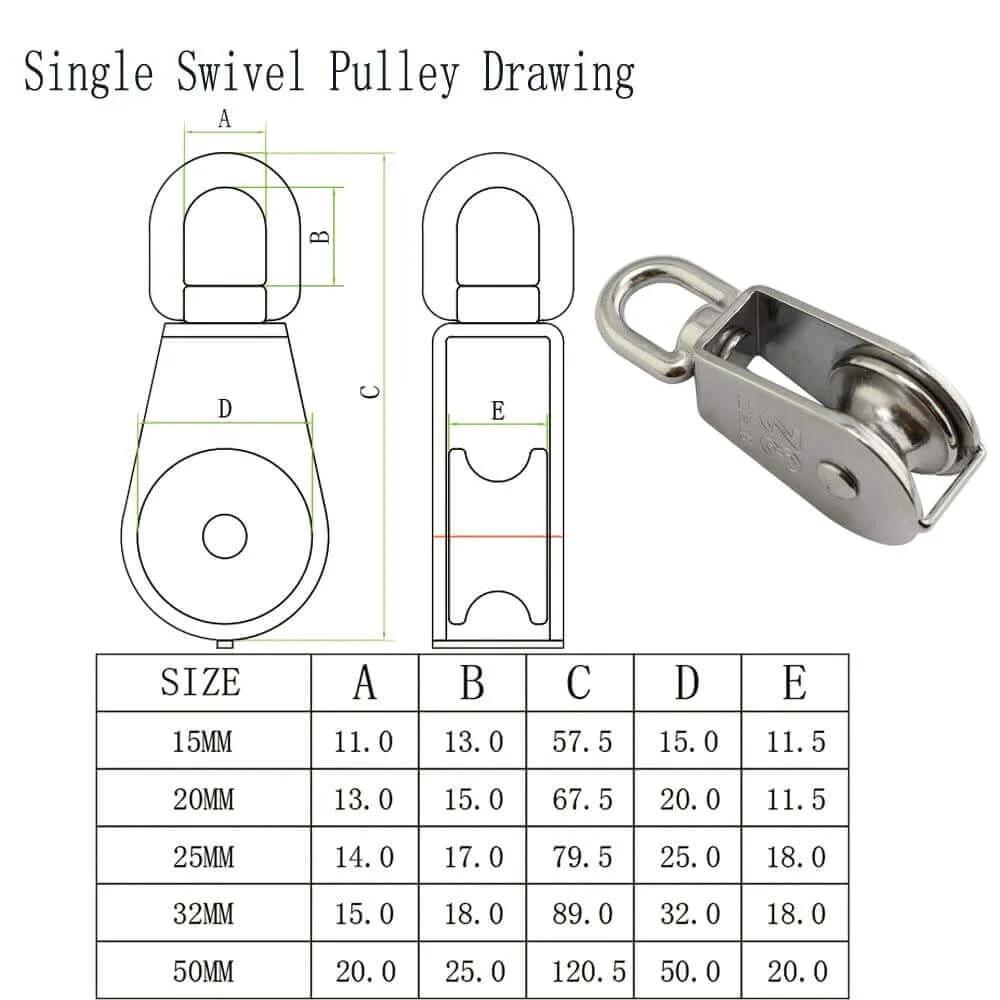 Single Swivel Pulley Drawing and Stainless Steel M32 Pulley Steel Wire Pulley Single Wheel Swivel Lifting Pulley Single Sheave Block For Wire Rope Wheel 2pcs