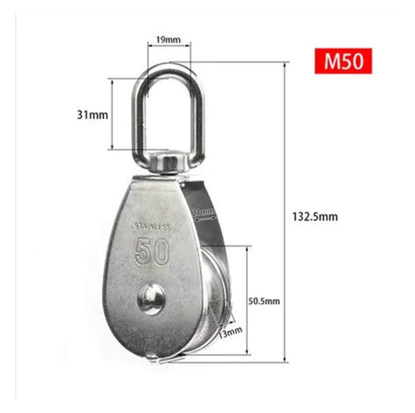 Stainless Steel Pulley M50 Single Wheel Swivel Lifting Rope Pulley Set with dimensions and swivel head, side view.
