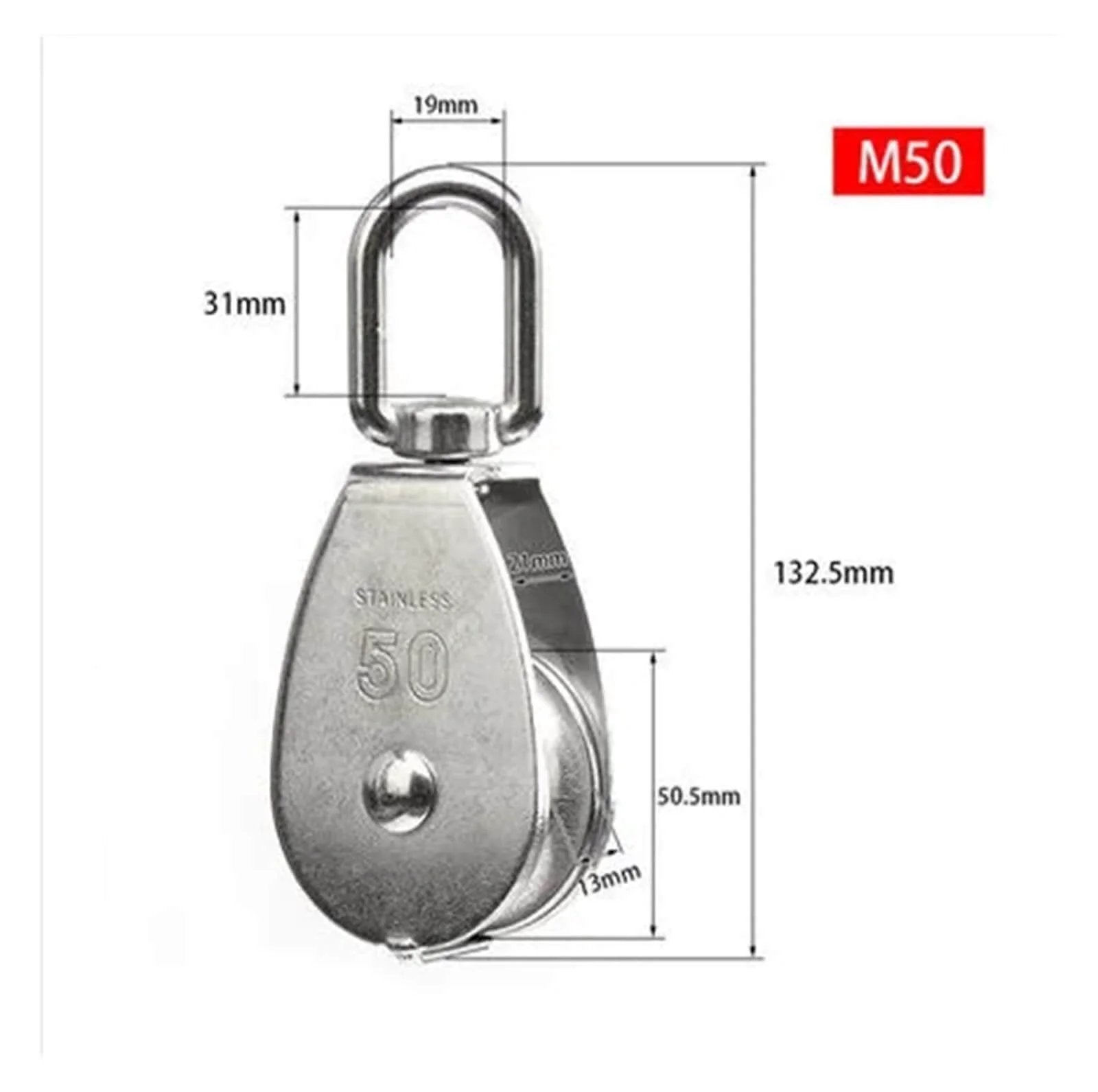 Stainless Steel Pulley M50 Single Wheel Swivel Lifting Rope Pulley Set with dimensions and swivel head, side view.