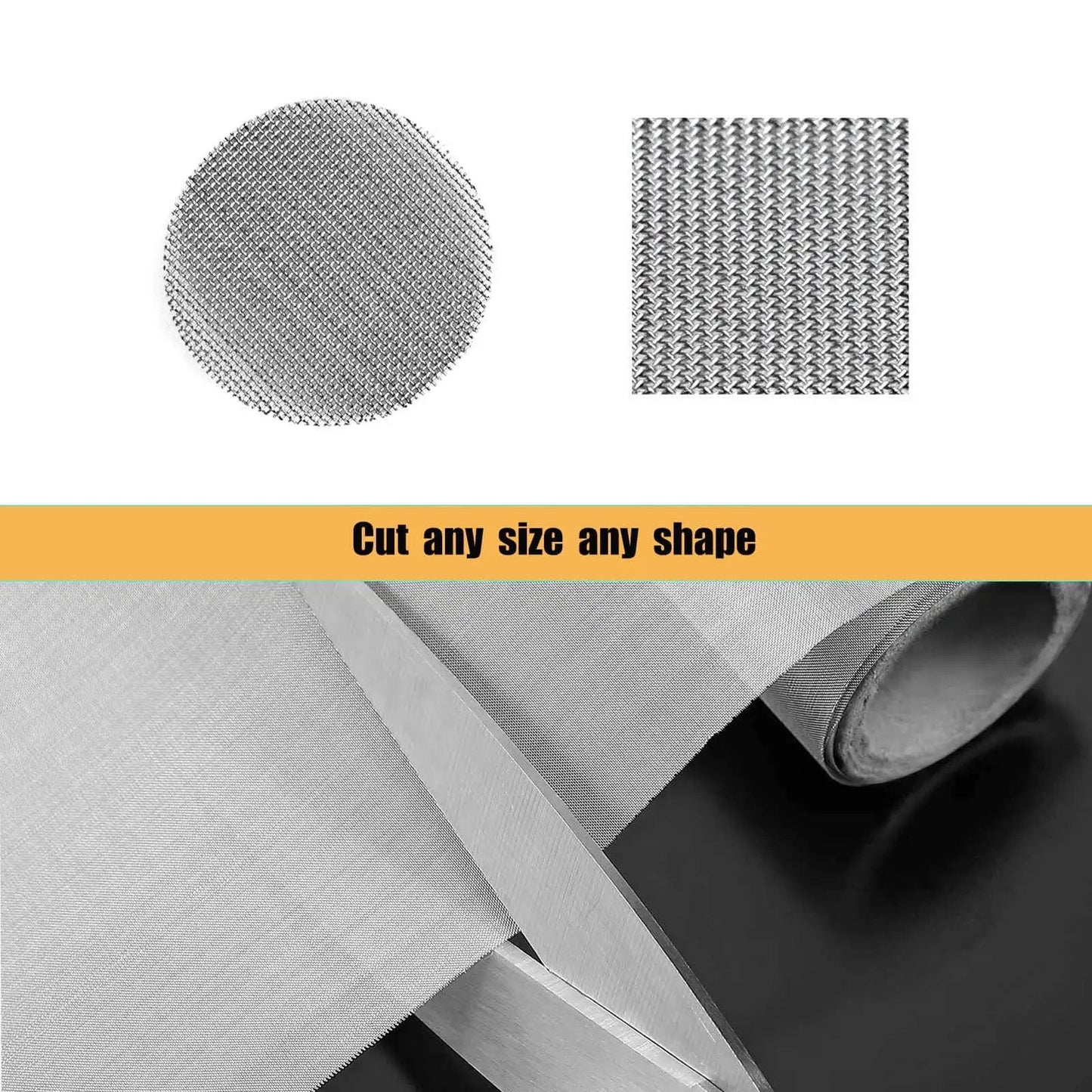 120 Mesh 304 Stainless Steel Wire Mesh Screen For DIY Projects And Filtration, cut into circular and square shapes, roll view