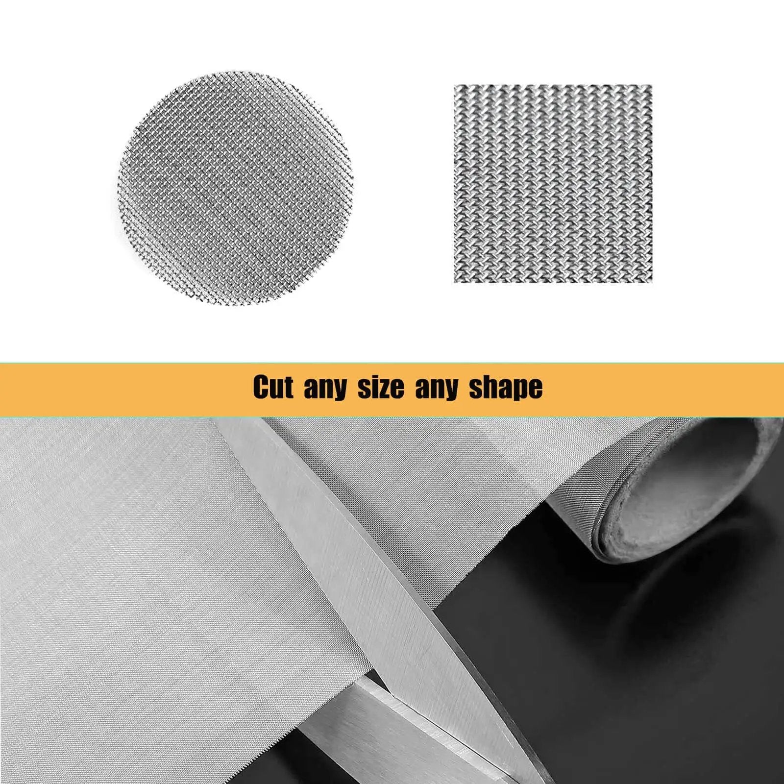 120 Mesh 304 Stainless Steel Wire Mesh Screen For DIY Projects And Filtration, cut into circular and square shapes, roll view