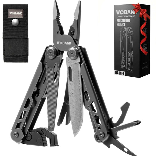 16 In 1 Stainless Steel Multitool Pliers With Adjustable Hex Wrench And Damascus Pocket Knife For Survival Camping Hunting Hiking And Diy Repairs With Durable Nylon Sheath