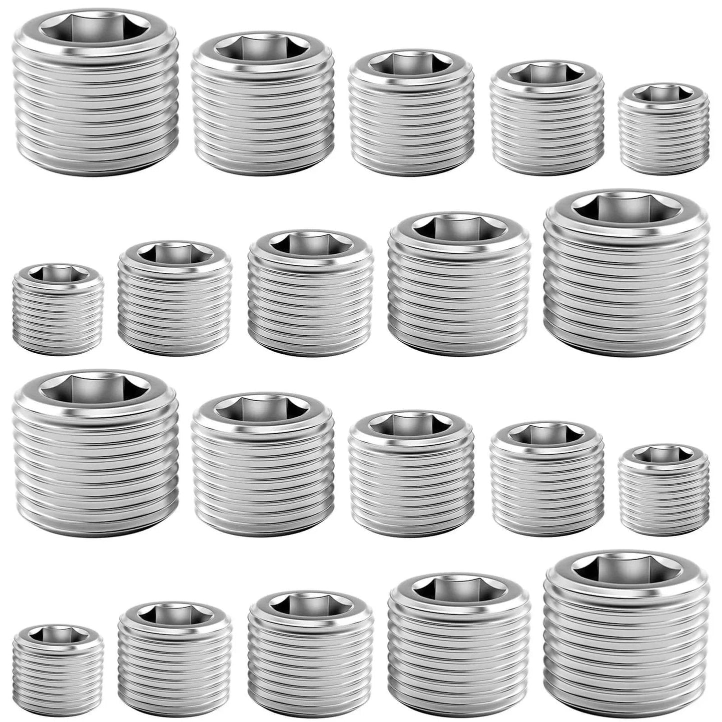 Assorted 304 stainless steel pipe plug fitting kit with five sizes NPT male internal hex thread plugs for sealing pipe ports