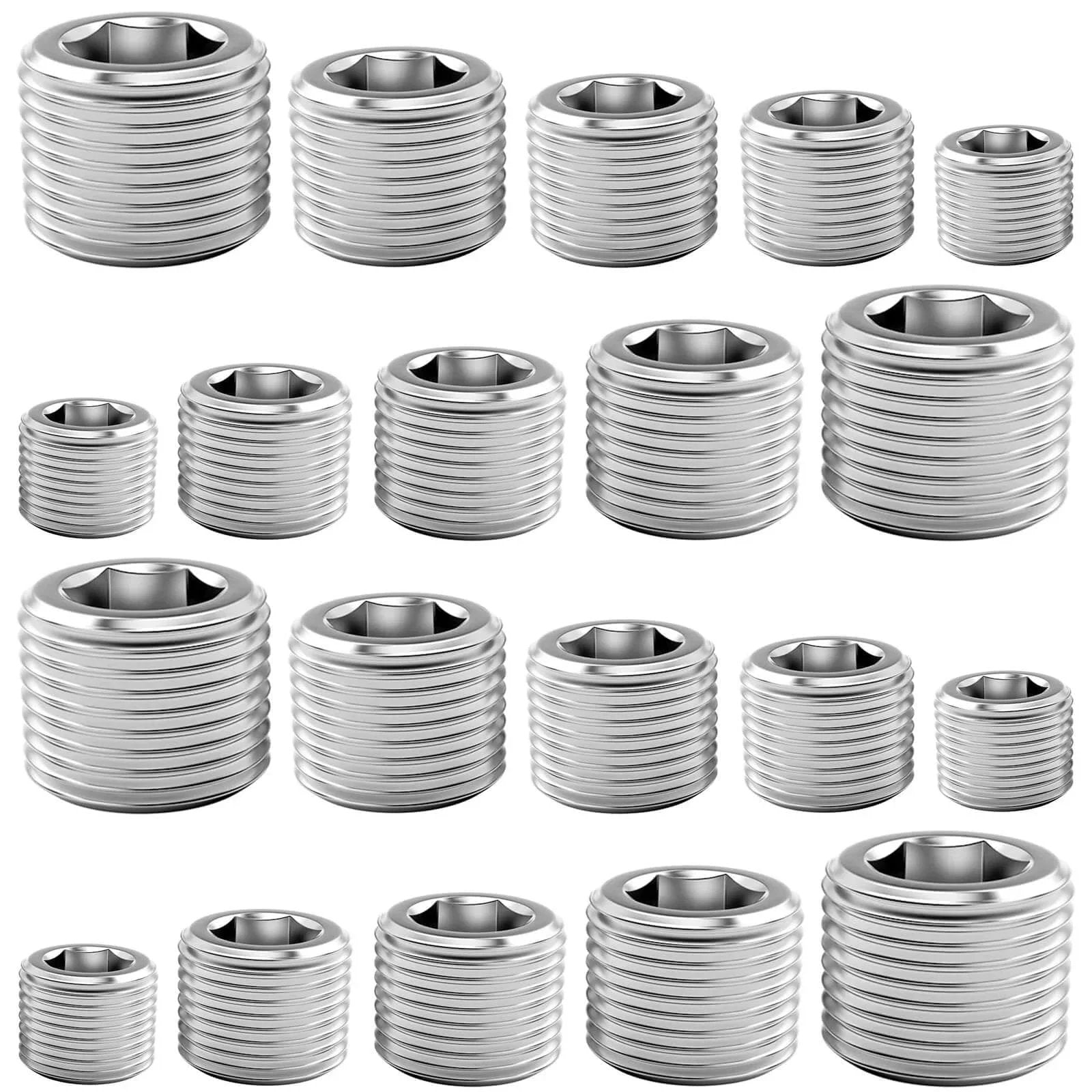 Assorted 304 stainless steel pipe plug fitting kit with five sizes NPT male internal hex thread plugs for sealing pipe ports