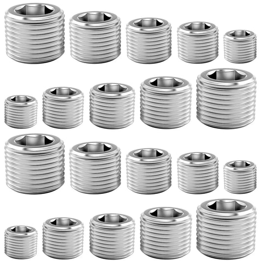 Assorted 304 stainless steel pipe plug fitting kit with five sizes NPT male internal hex thread plugs for sealing pipe ports