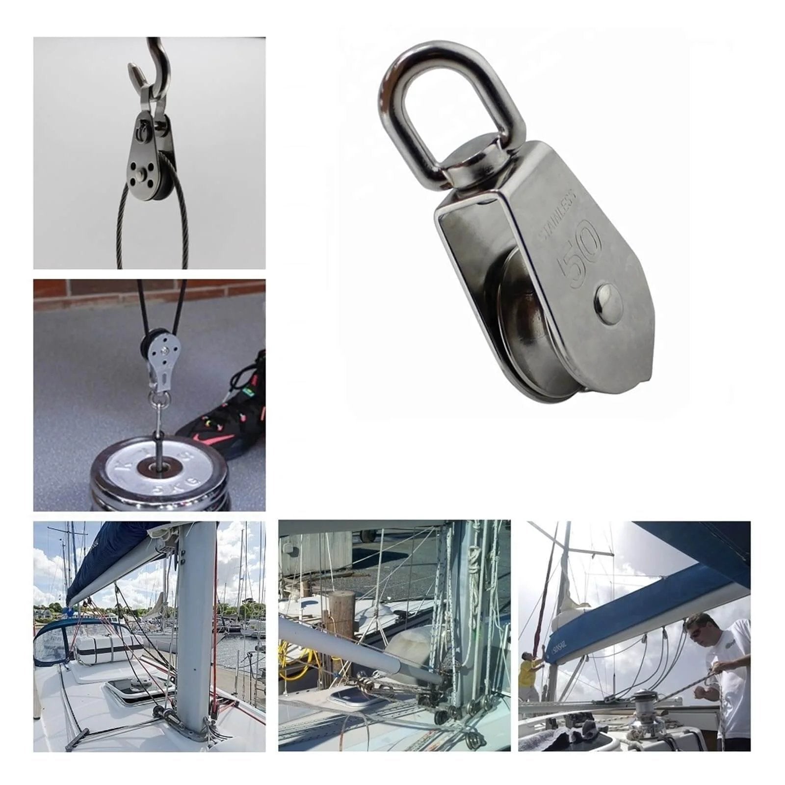 Collage of 2-Pack 304 Stainless Single Sheave Open Block Pulley 32mm for Canoe Marine Boat Hardware in various installations