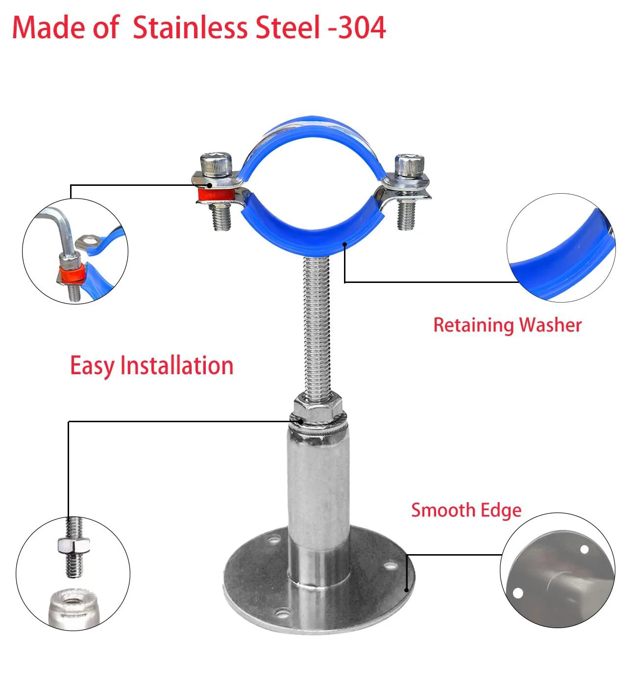 Heavy Duty Adjustable Pipe Clamps for Wall or Ceiling Mounts, Stainless Steel 304, close-up of installation features and components.