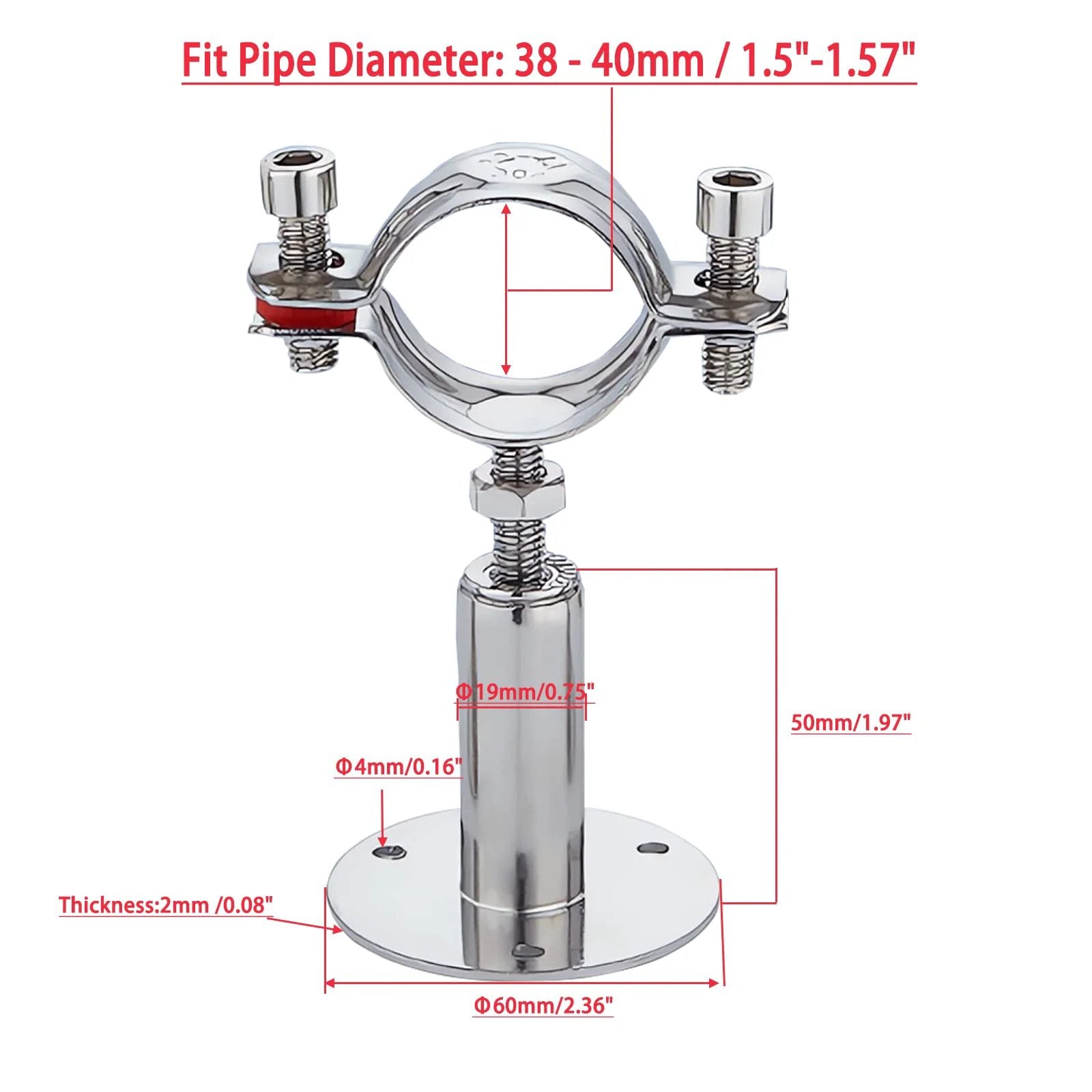 Heavy Duty Stainless Steel Wall And Ceiling Pipe Supports With Rubber Cushioned Clamps 304 Stainless Steel Construction Adjustable Height 30 To 60mm Fits OD Pipe 15 To 19mm Rustproof Waterproof Pipe Hangers For Indoor Outdoor Use 2 Pieces By RITUIPIO close-up view with dimensions and specifications.