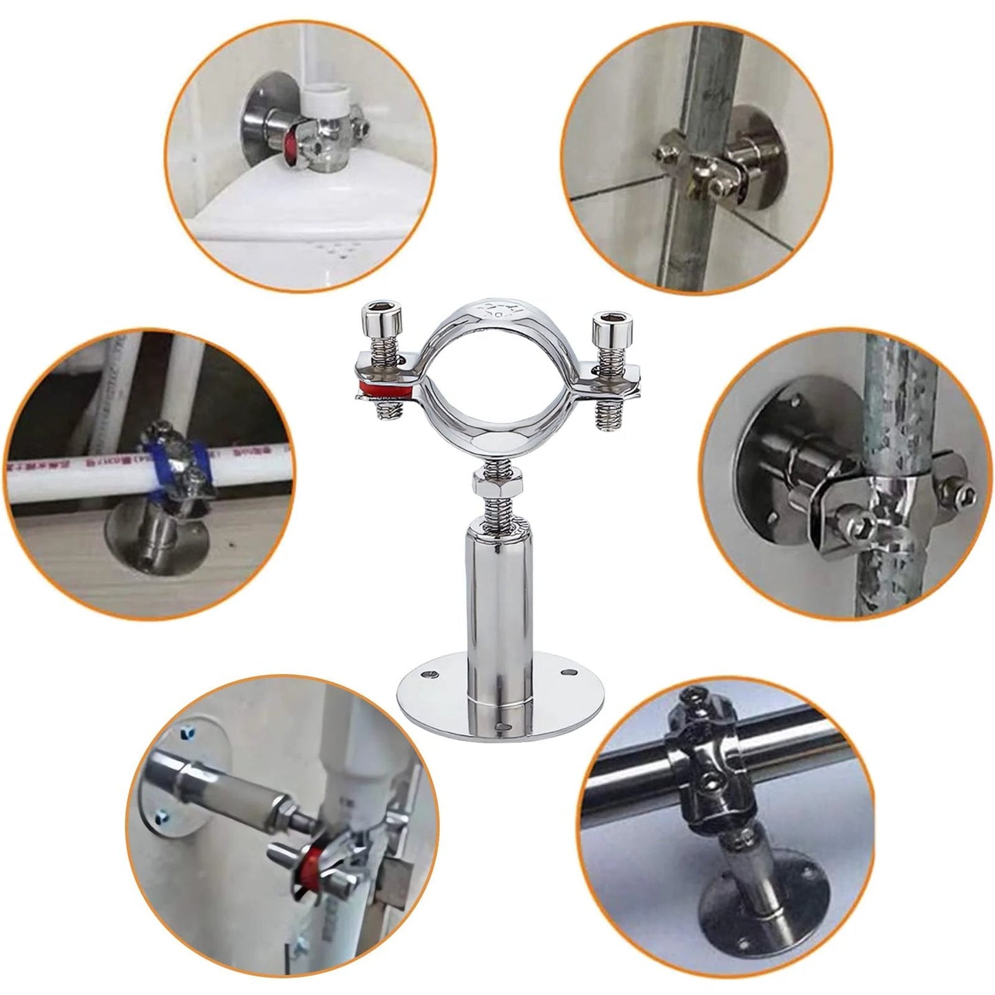 Heavy Duty Stainless Steel Wall And Ceiling Pipe Supports With Rubber Cushioned Clamps 304 Stainless Steel Construction adjustable height installed in various settings.
