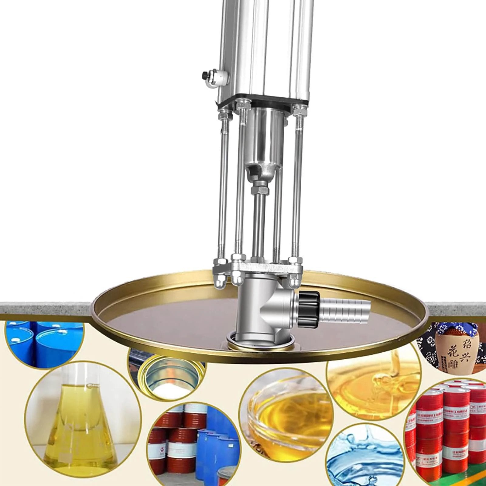 LHQYA 95cm Stainless Steel Pneumatic Chemical Pump showing piston and flow for viscous liquids, 25/32mm outlet diameter.