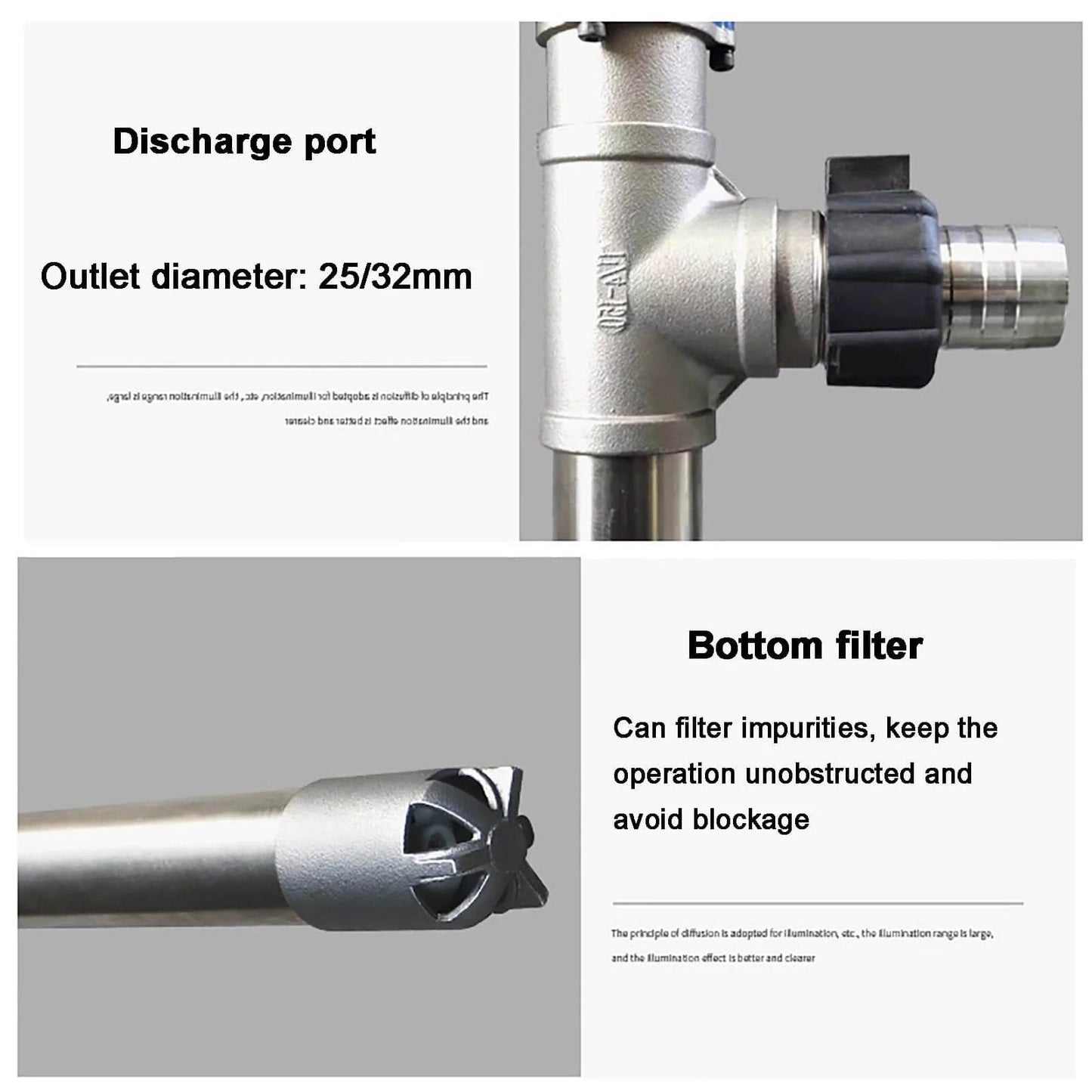 Close-up of LHQYA 95cm Stainless Steel Pneumatic Chemical Pump showing 25/32mm discharge port and bottom filter for viscous liquids.