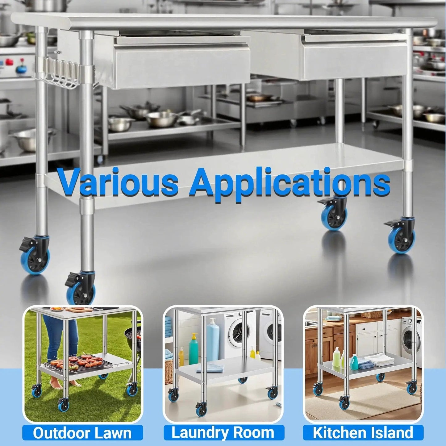 4 Inch Prep Table Caster Set Of 4 With Swivel Expanding Stem And Brakes For Stainless Steel Tables And Carts, Dual Bearing Design For Stability, 550 Lb Capacity Per Caster, 2200 Lb Total Load in various applications like outdoor lawn, laundry room, kitchen island.