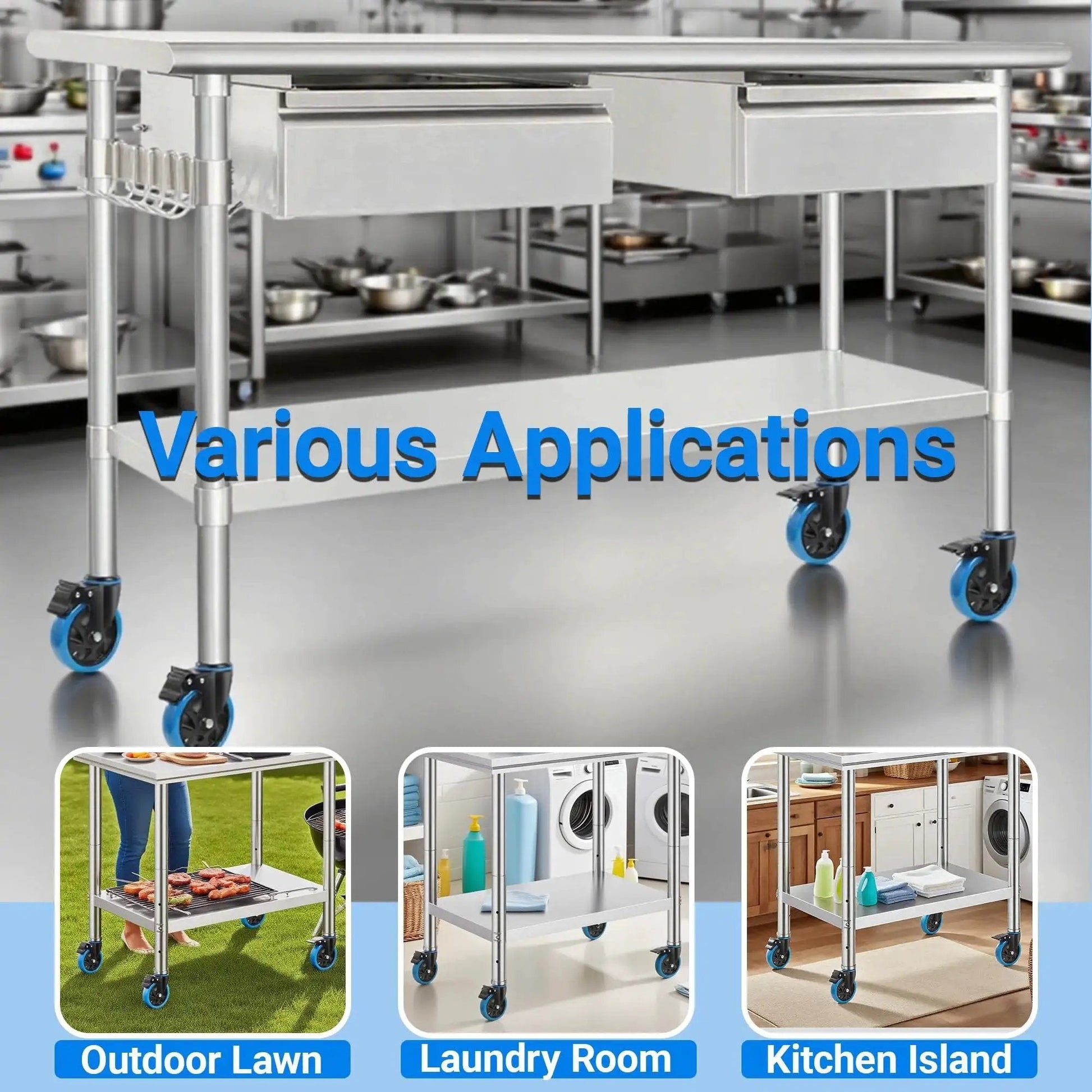 4 Inch Prep Table Caster Set Of 4 With Swivel Expanding Stem And Brakes For Stainless Steel Tables And Carts, Dual Bearing Design For Stability, 550 Lb Capacity Per Caster, 2200 Lb Total Load in various applications like outdoor lawn, laundry room, kitchen island.