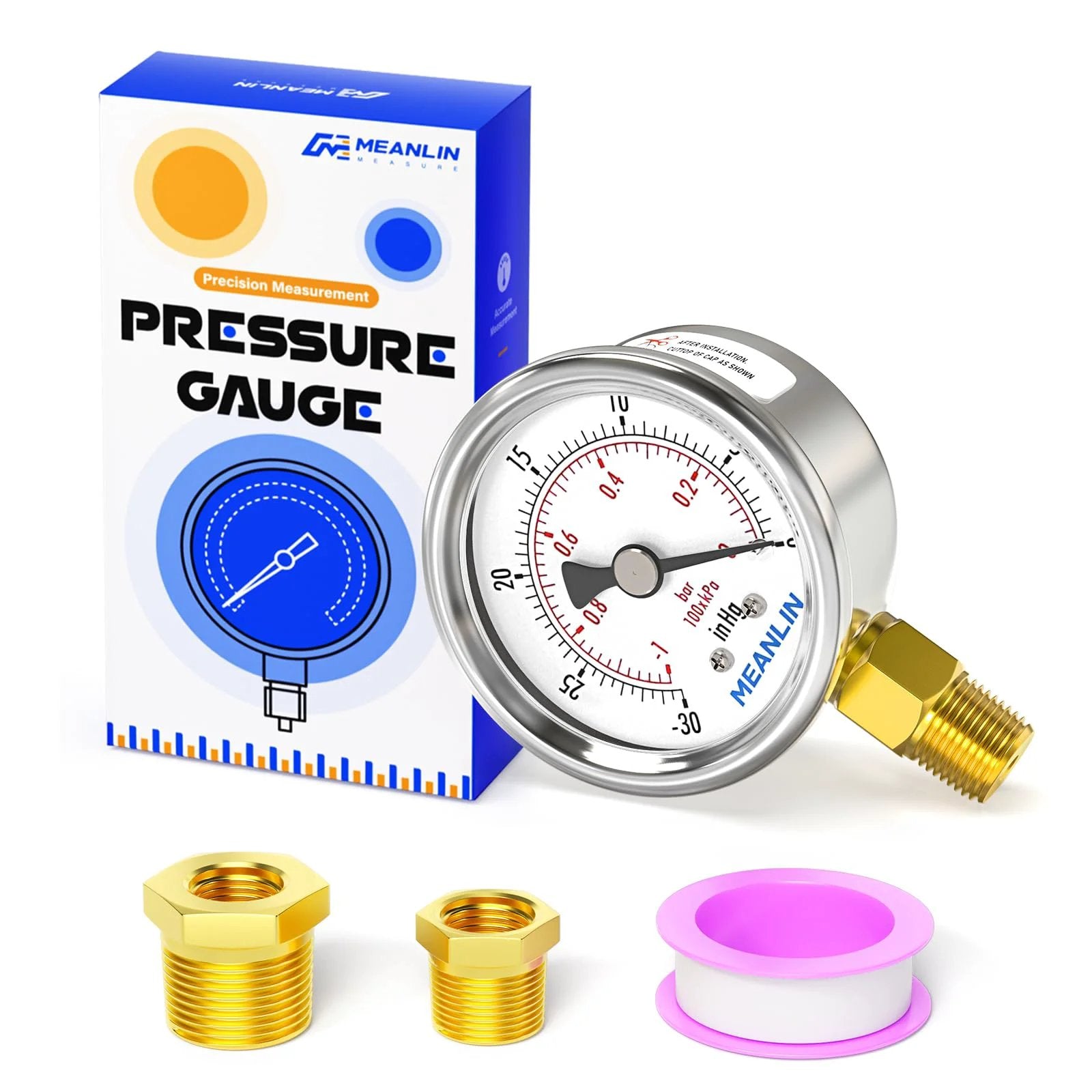 Stainless Steel Dry Pressure Gauge One Quarter Inch NPT Two Inch Dial Lower Mount For Negative Pressure Up To Zero Psi And Down To Minus Thirty InHg Waterproof For Air Compressors HVAC Systems With One Half Inch NPT And Three Eighths Inch NPT Hex with packaging and fittings.
