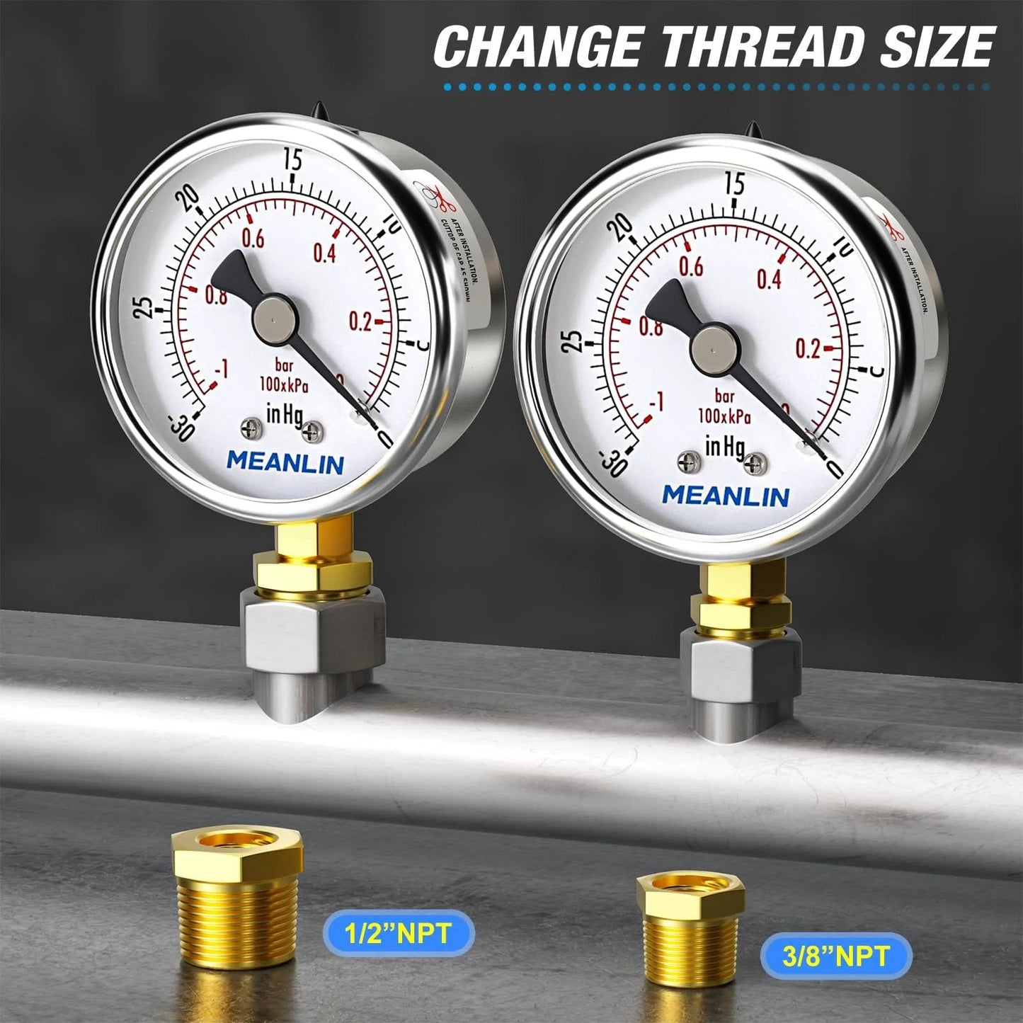 Stainless Steel Dry Pressure Gauge One Quarter Inch NPT Two Inch Dial Lower Mount For Negative Pressure Up To Zero Psi And Down To Minus Thirty InHg Waterproof For Air Compressors HVAC Systems With One Half Inch NPT And Three Eighths Inch NPT Hex on a metal pipe.