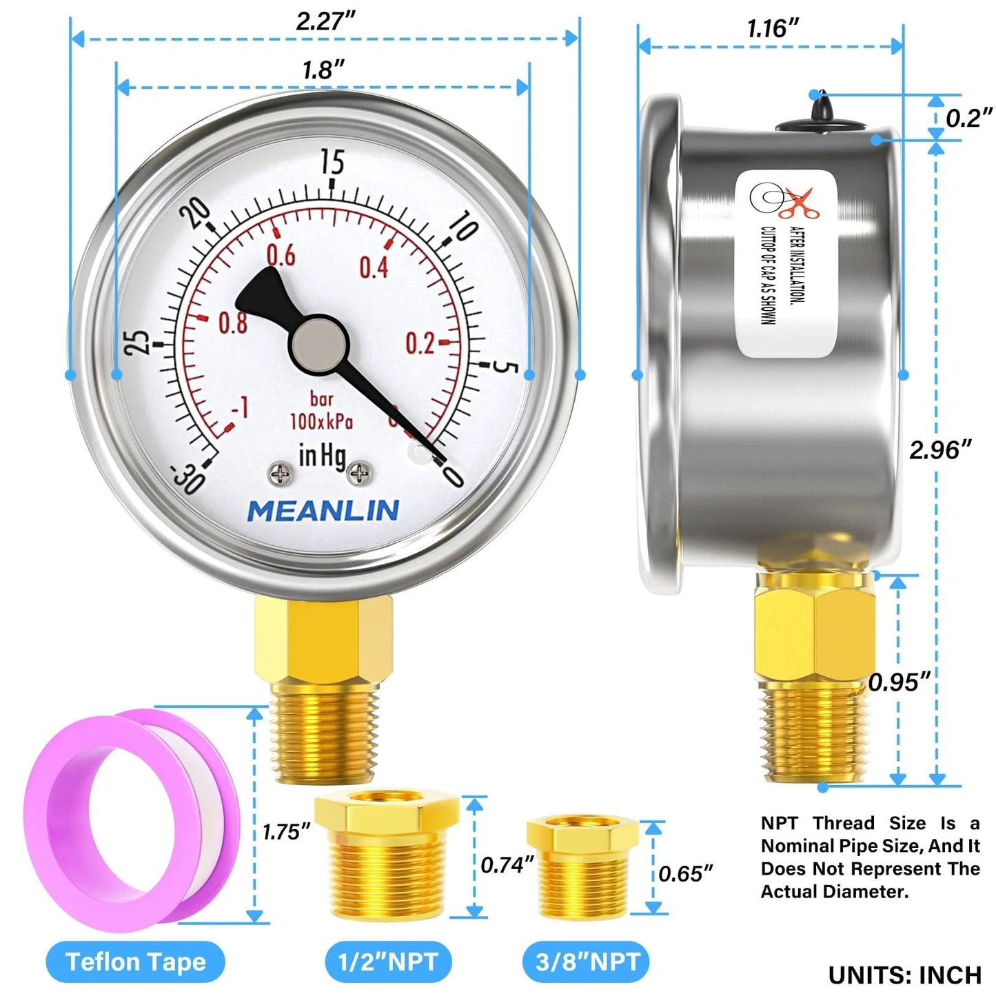 Stainless Steel Dry Pressure Gauge One Quarter Inch NPT Two Inch Dial Lower Mount For Negative Pressure Up To Zero Psi And Down To Minus Thirty InHg waterproof front view with dimensions and fittings.
